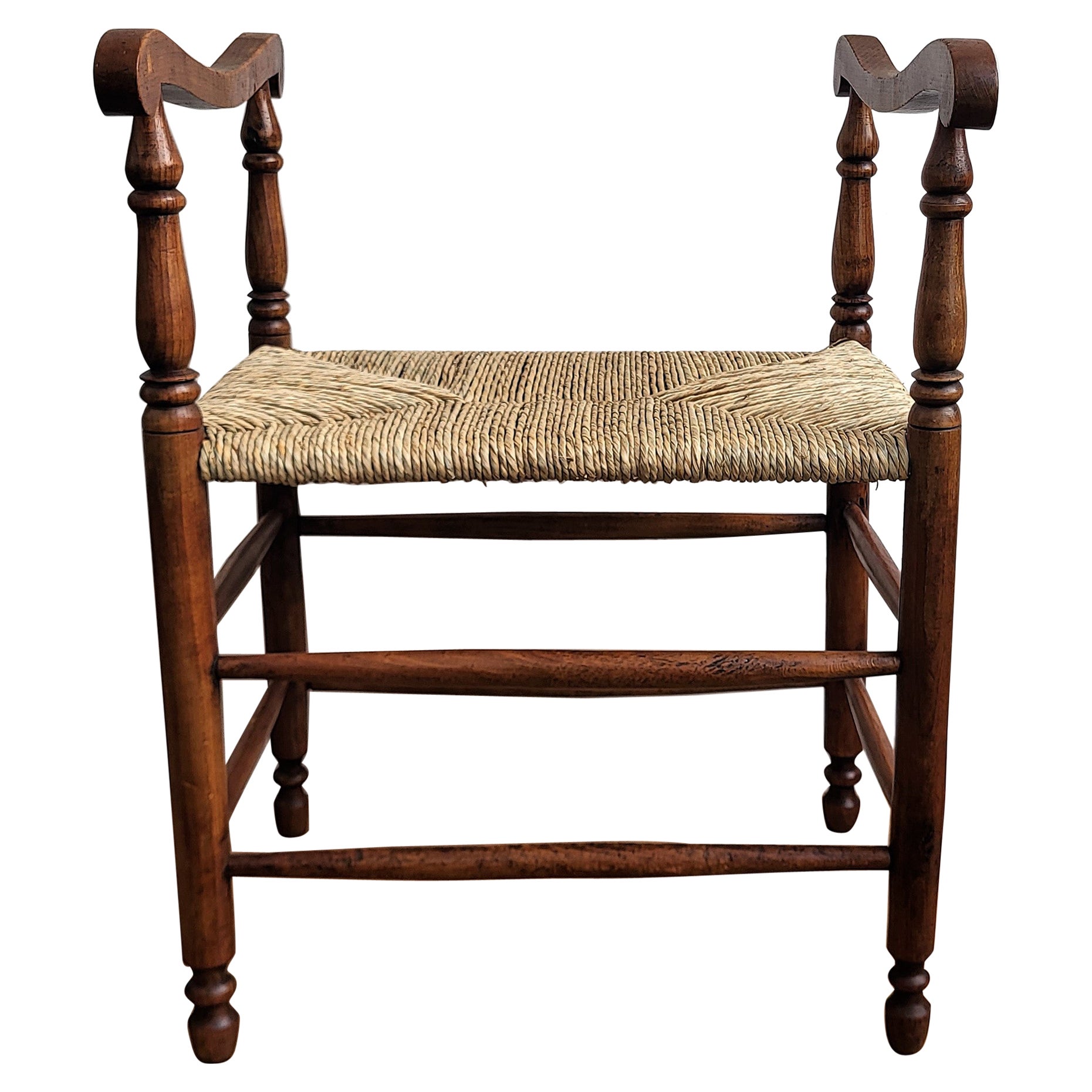 1960s Italian Midcentury Carved Wood and Cord Woven Rope Stool For Sale