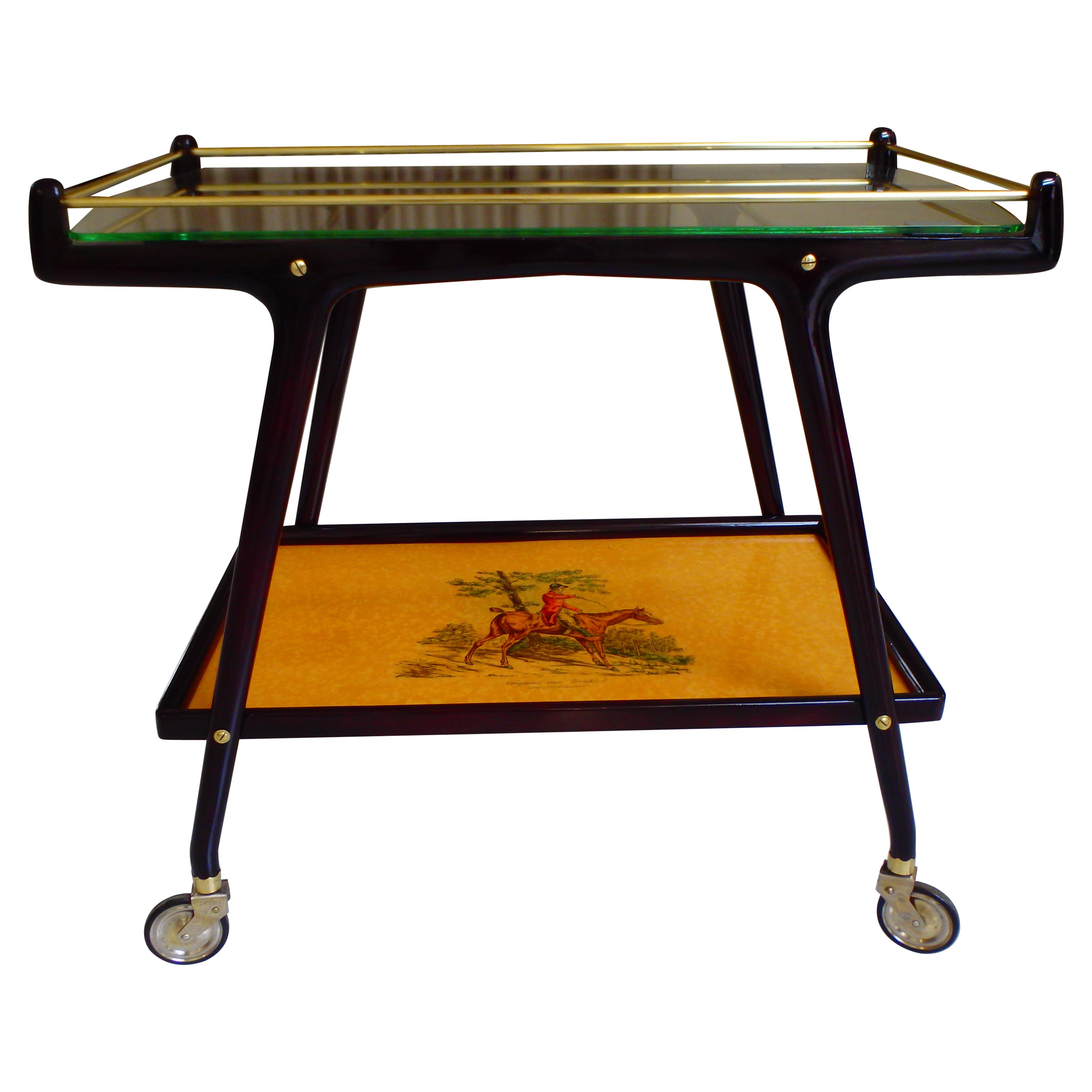 Italian Ico Parisi Bar Cart with Glass Top and Chase Scene For Sale