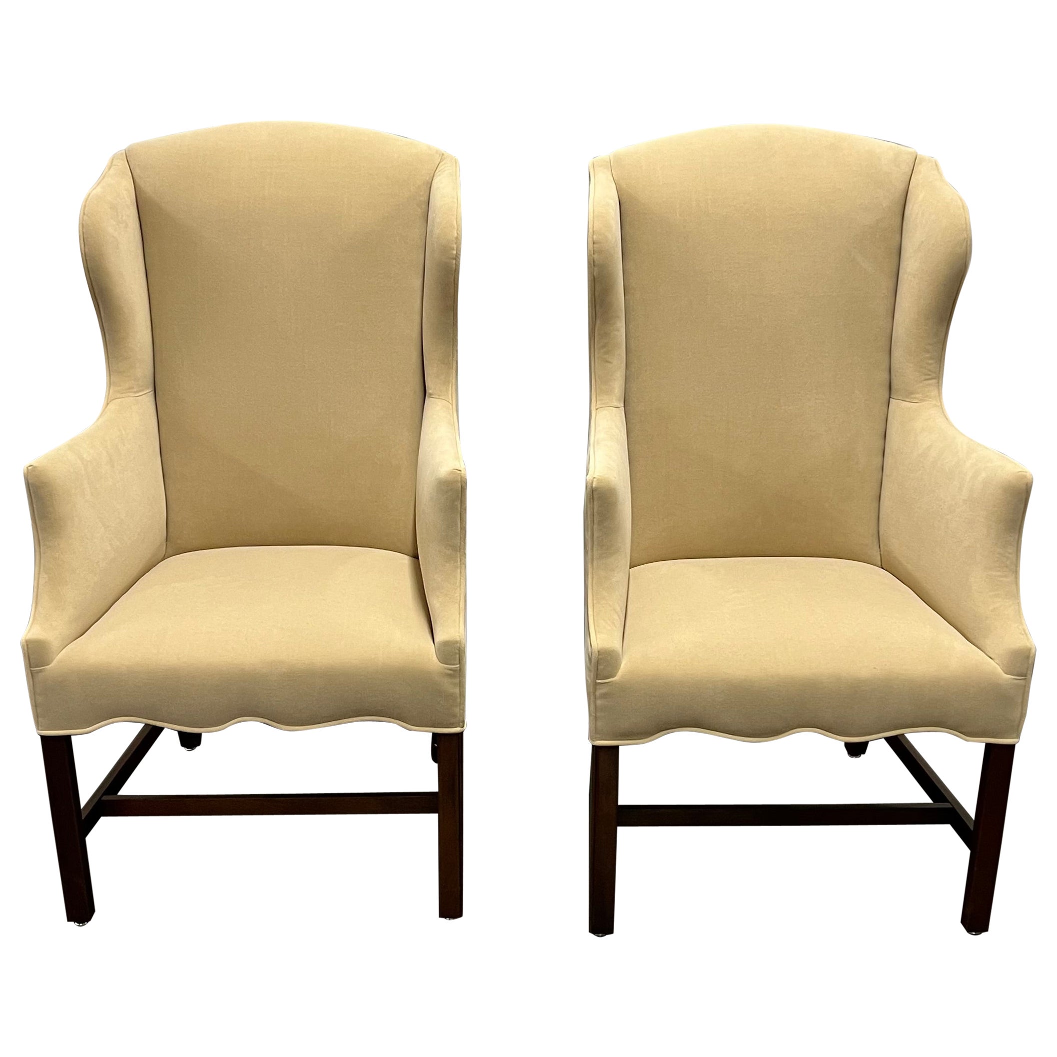 Pair of Slim Midcentury Chippendale Style Wingback Chairs For Sale