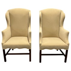 Vintage Pair of Slim Midcentury Chippendale Style Wingback Chairs