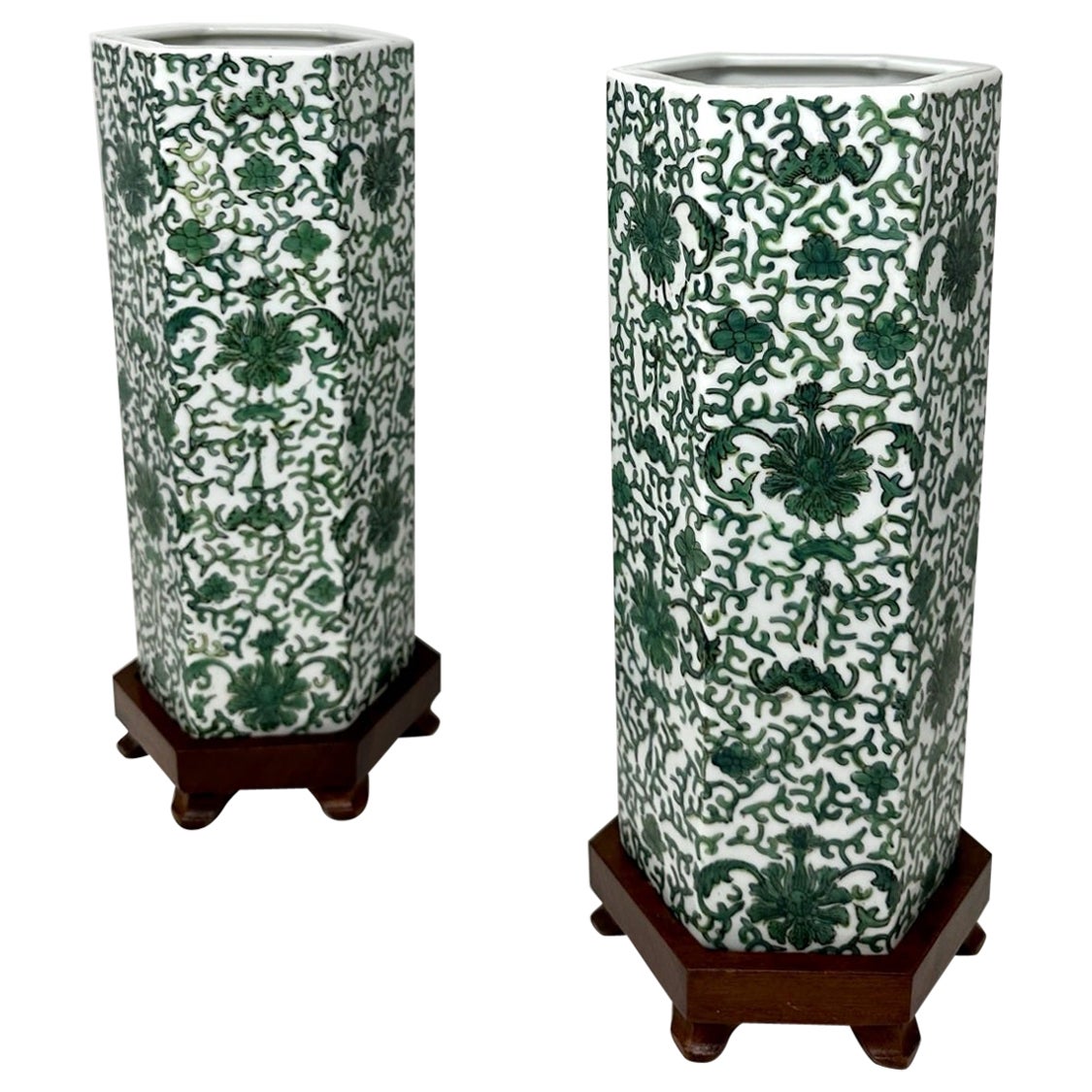 Antique Pair Chinese Export Porcelain Urns Vases Carved Hardwood Base Green 19Ct For Sale