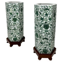 Antique Pair Chinese Export Porcelain Urns Vases Carved Hardwood Base Green 19Ct