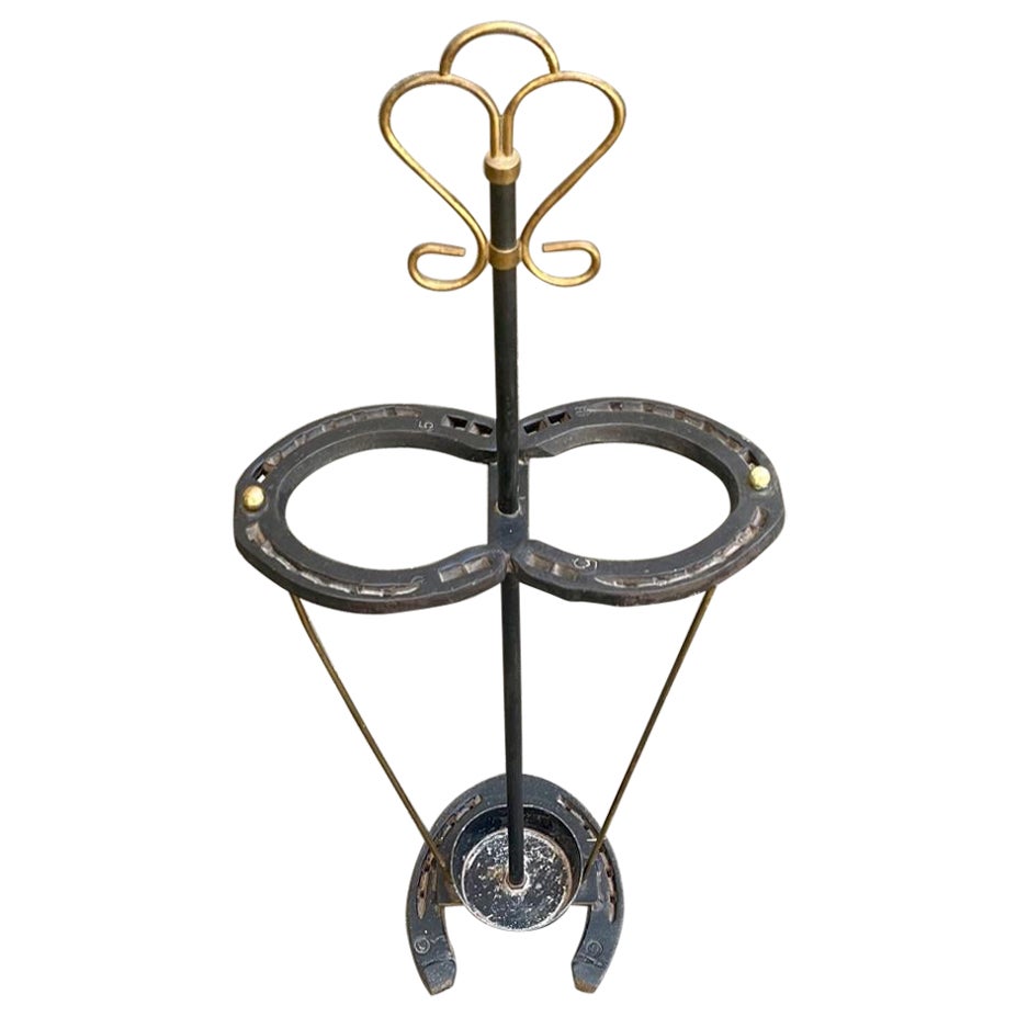 Equestrian Horseshoe Umbrella Stand with Brass Accents, 1930s For Sale