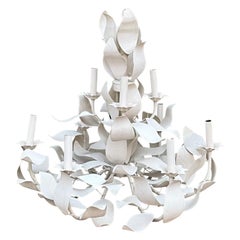 Organic Modern Italian White Tole / Toleware Metal Leaf Chandelier, 9 Arms