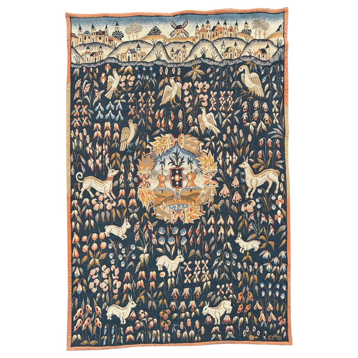 Bobyrug’s Vintage France Aubusson Style Jaquar Tapestry, Flemish « Mille Fleur »