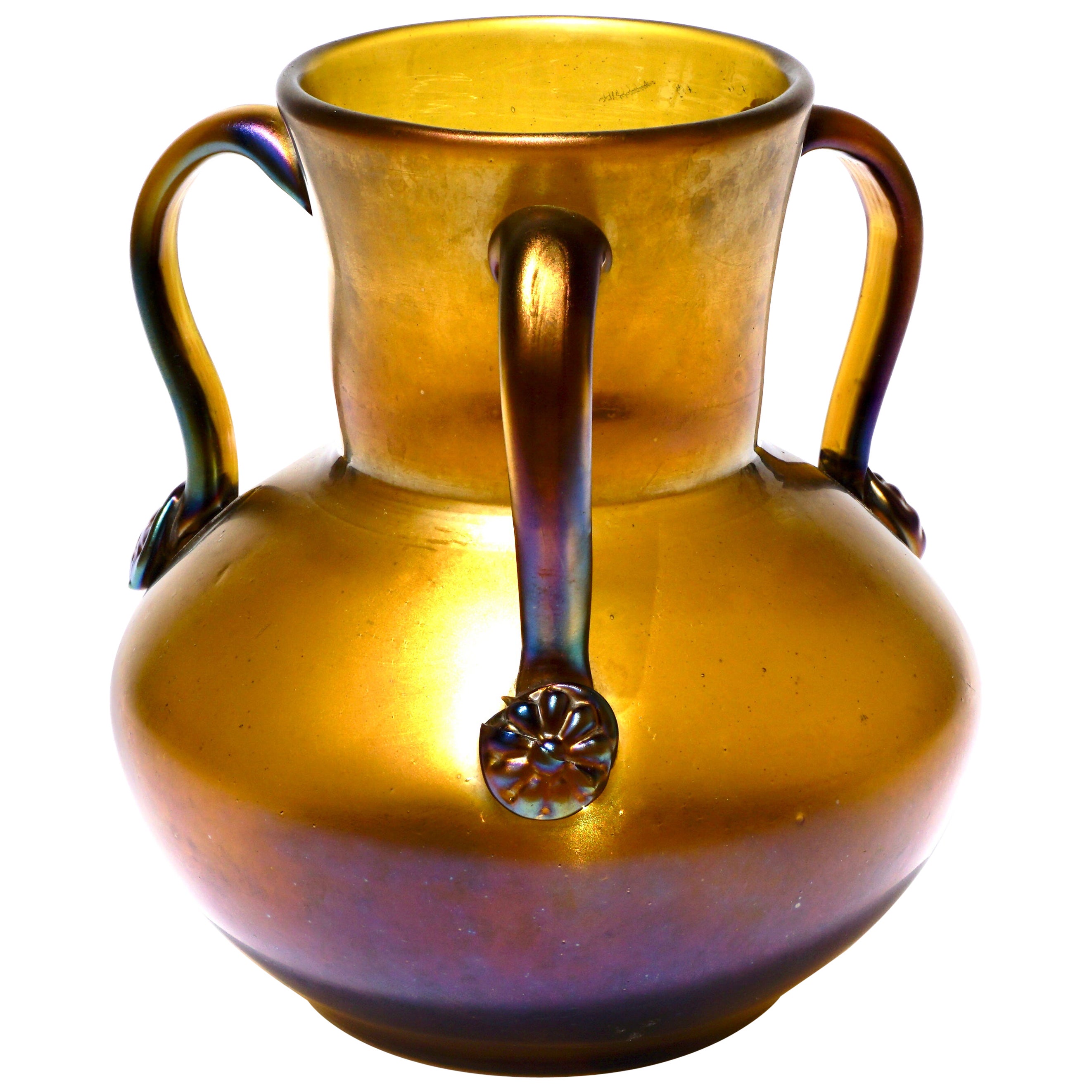 Loetz Glatt Bronze Three Handled Glass Vase For Sale