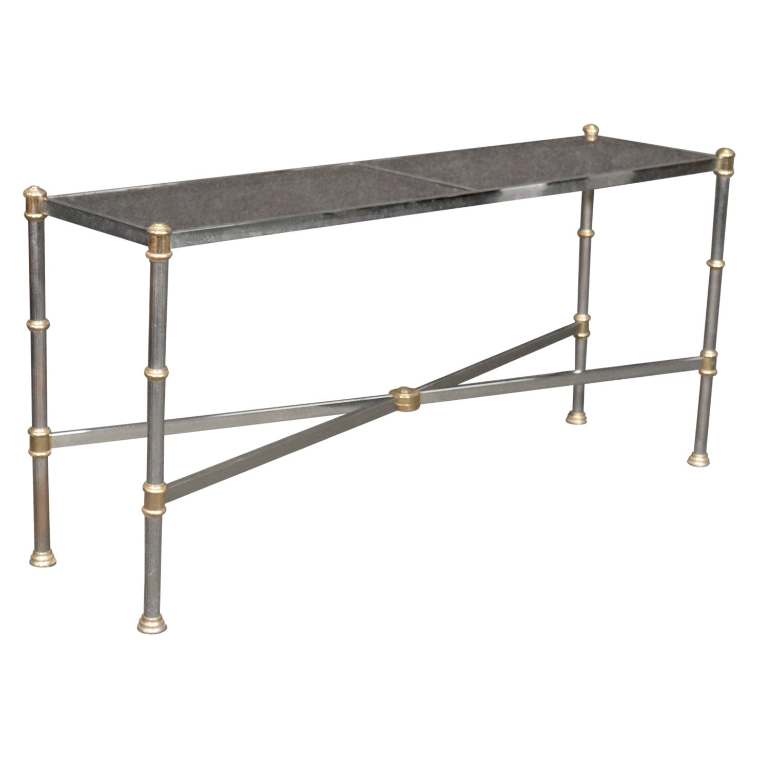 Maison Jansen Style Directoire Chromed Steel Console Table with Smoked Glass  For Sale