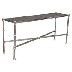 Maison Jansen Style Directoire Chromed Steel Console Table with Smoked Glass 
