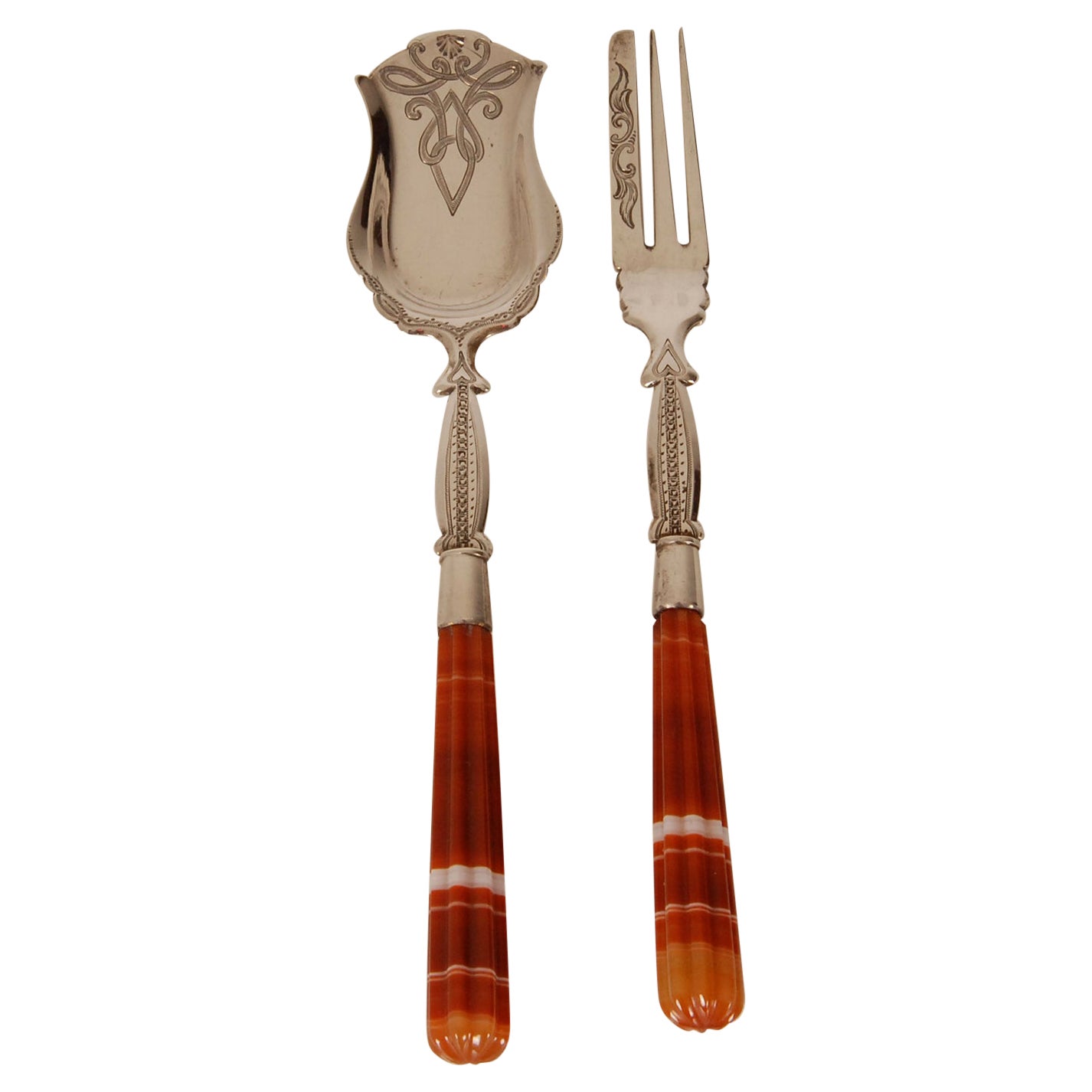 Victorian Sterling Silver Tableware Carneool Agate Flatware Serving Set Antique For Sale