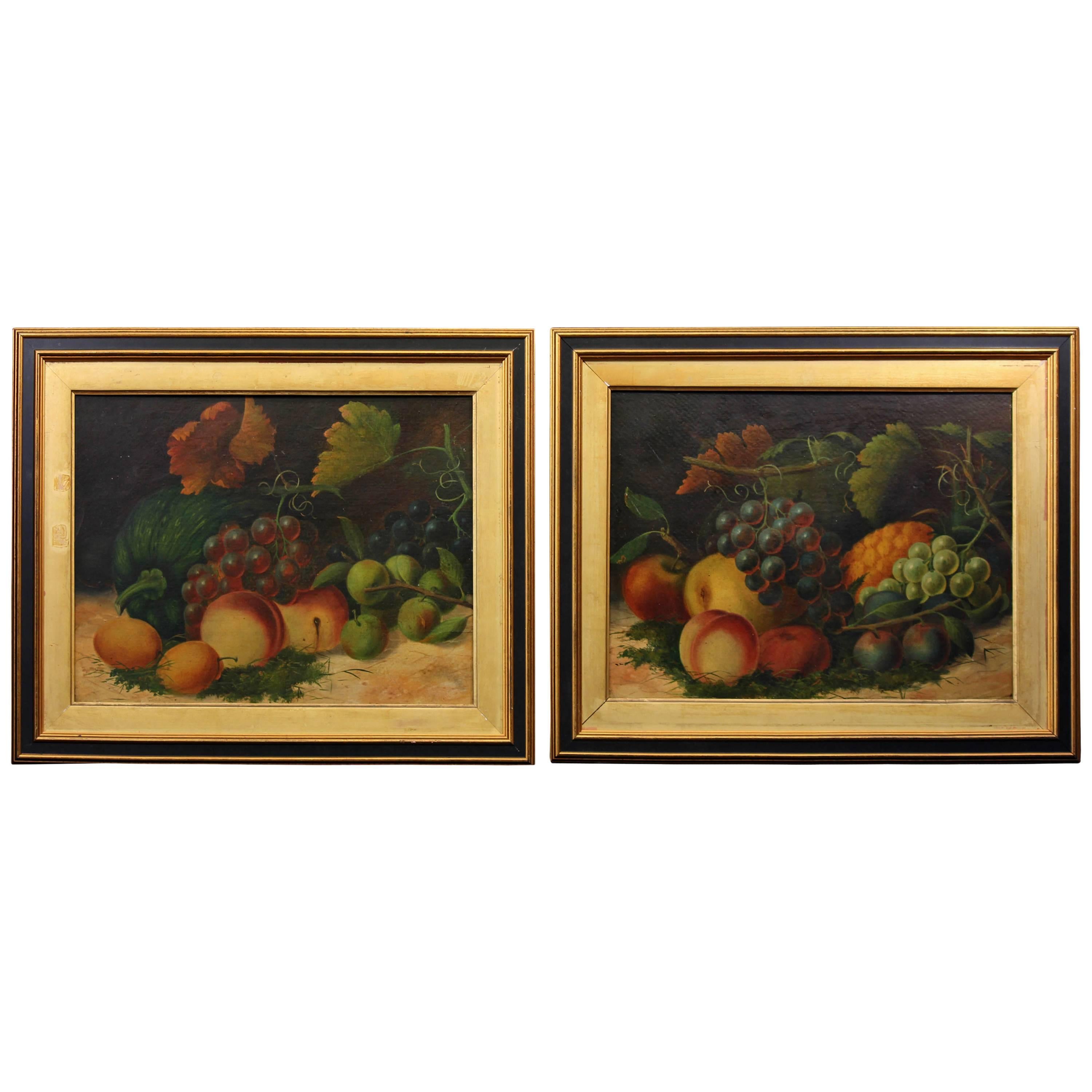 Pair 19th century still life oil paintings. English school. Rich colors. Oil on academy board.