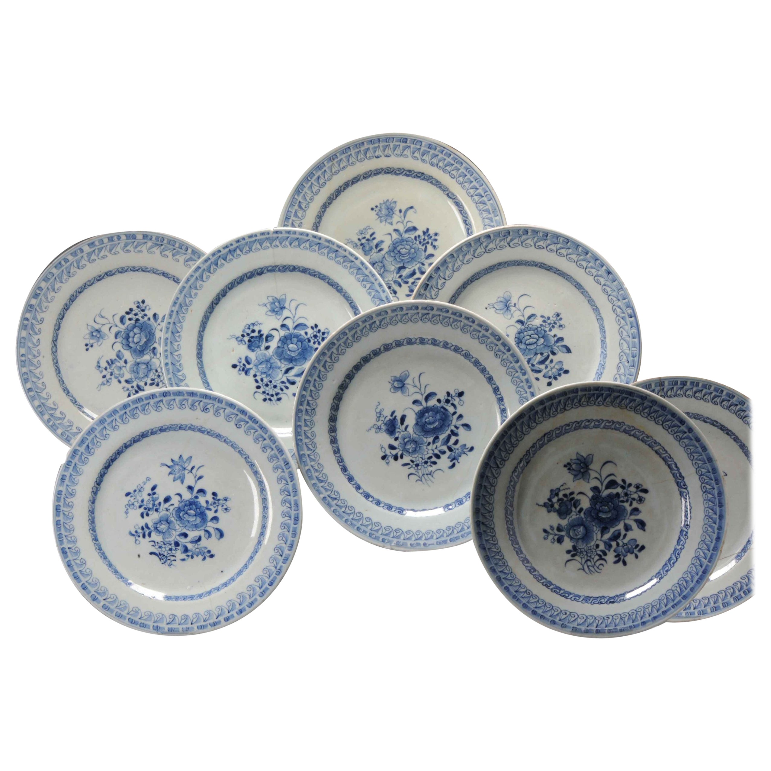 #8 Antique Chinese Porcelain 18th C Kangxi/Yongzheng Period Blue White Set Di For Sale