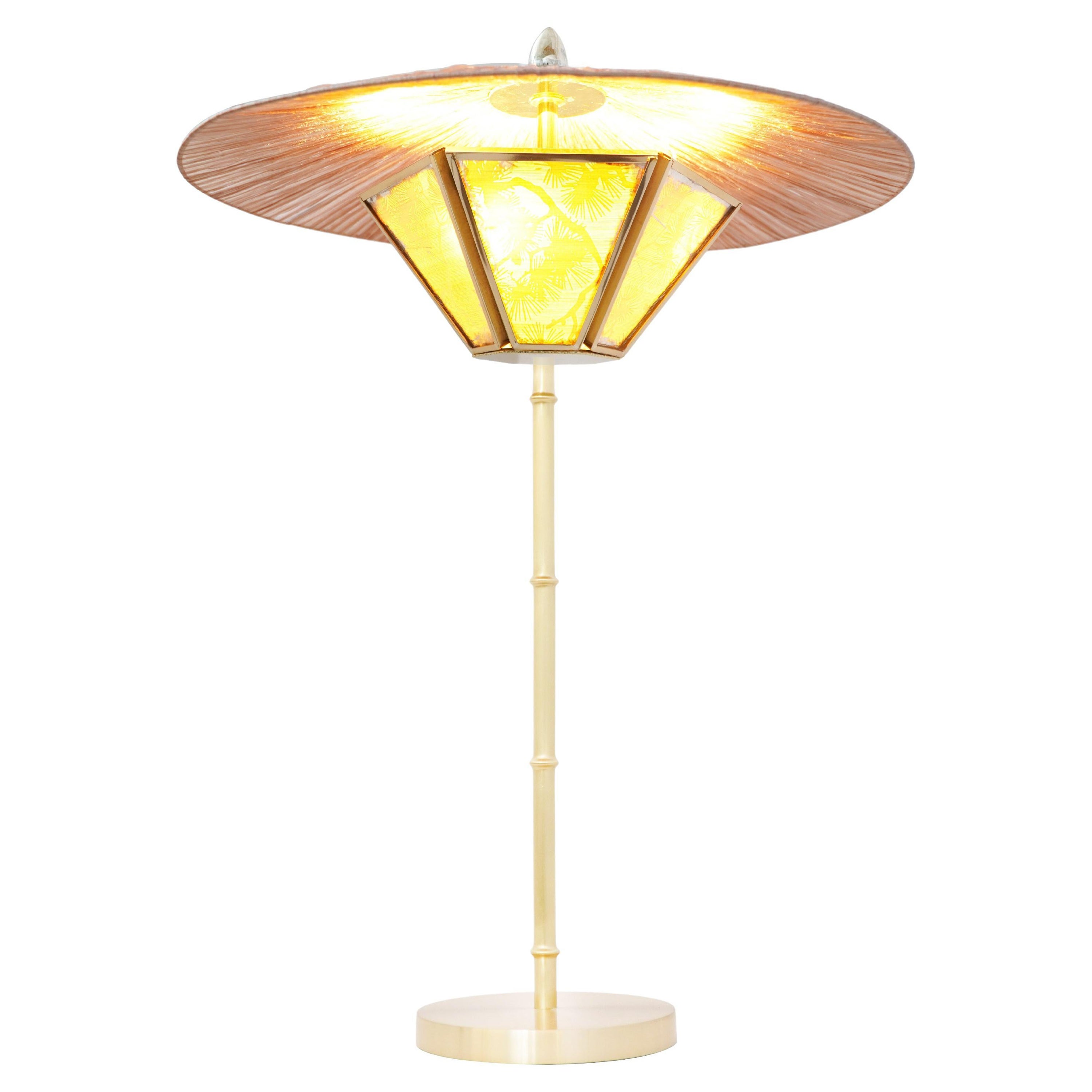 Italian “Sunshine” Contemporary Table Lamp 44, Kyoto Washi, Silk, Bamboo Brass, Raffia For Sale