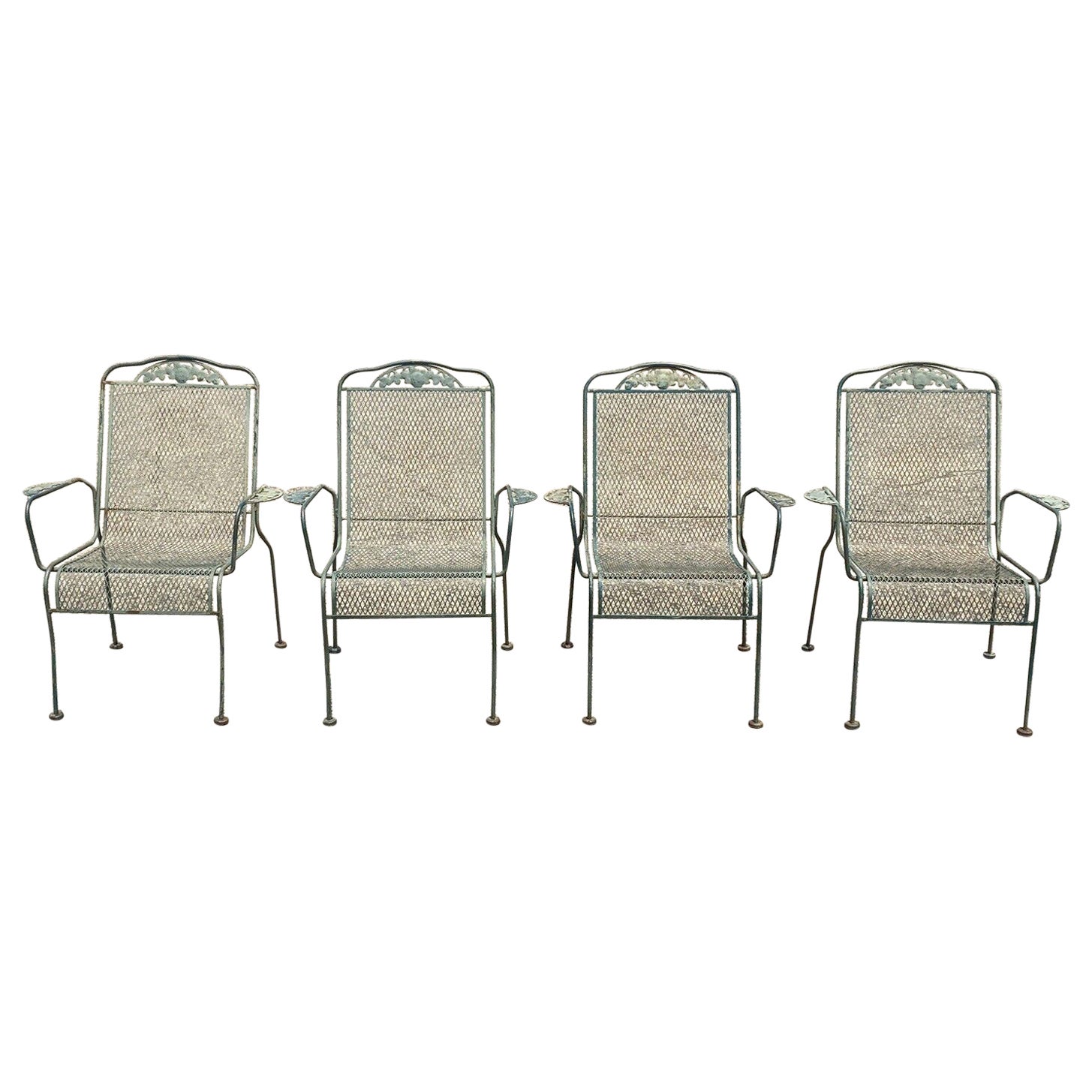 Vintage Meadowcraft Dogwood Green Wrought Iron Outdoor Patio Chairs, Set of 4