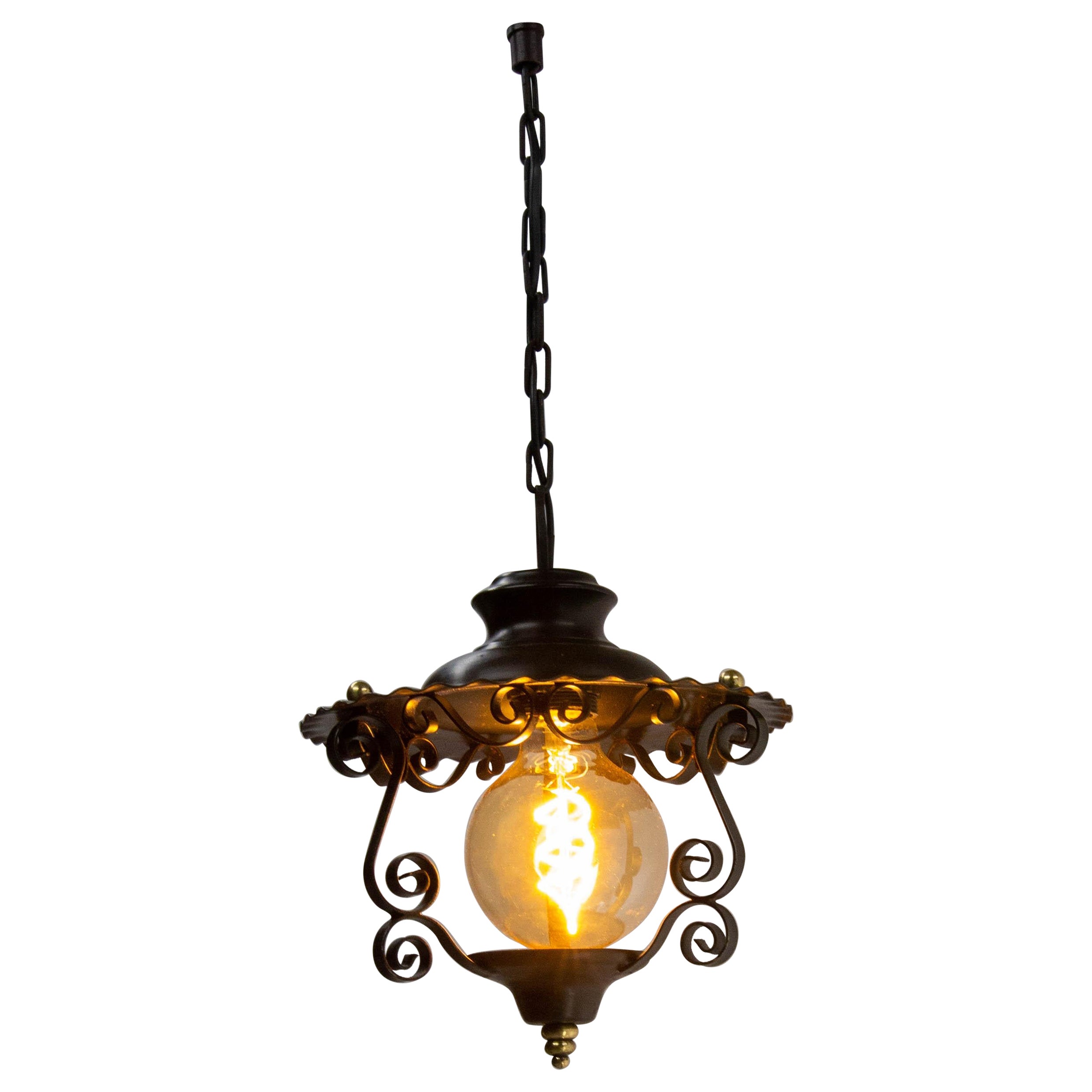 Iron and Brass Ceiling Lamp Lustre French Lantern, circa 1960 For Sale