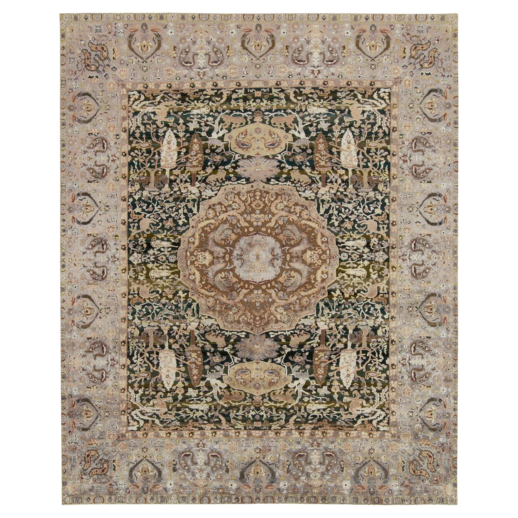 Tapis de style Classic de Rug & Kilim à motif floral gris et beige-brun en vente