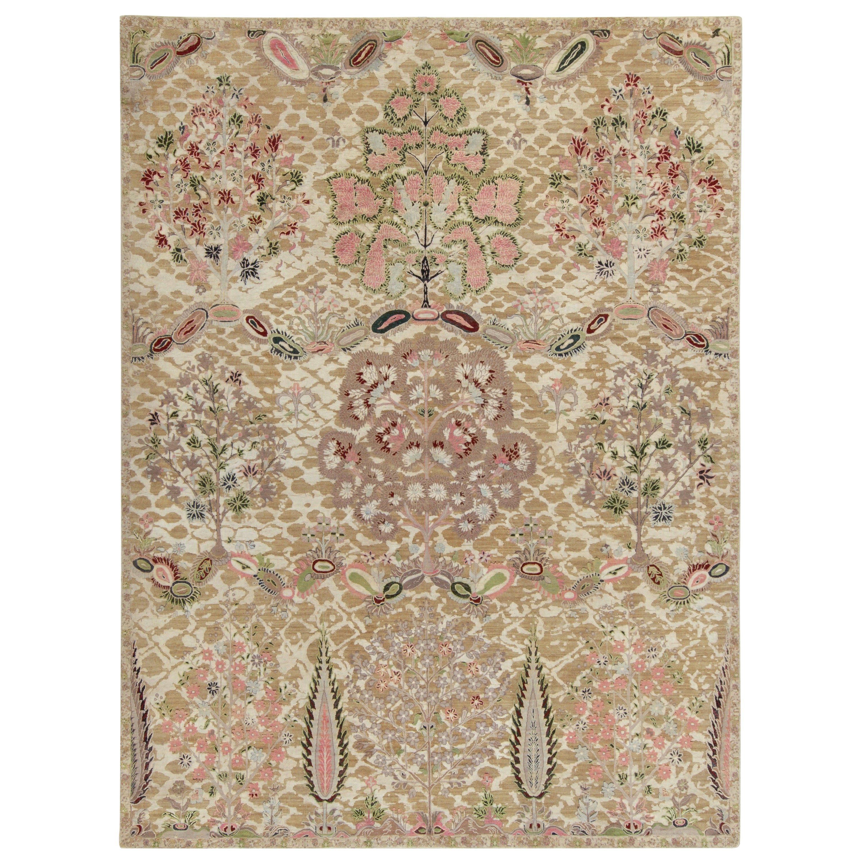 Rug & Kilim’s Classic Style Rug in Green, Pink and Beige-Brown Floral Pattern For Sale