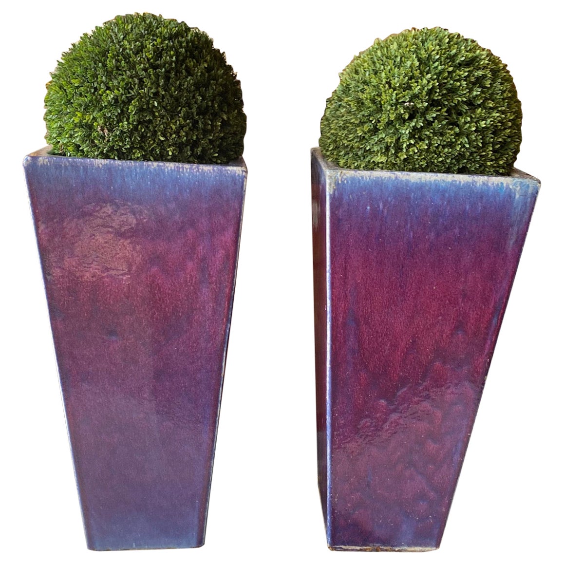 Pair of Ceramic Blue and Ombre'/Purple Lead Glazetall Planters W/ Topiary Plants For Sale