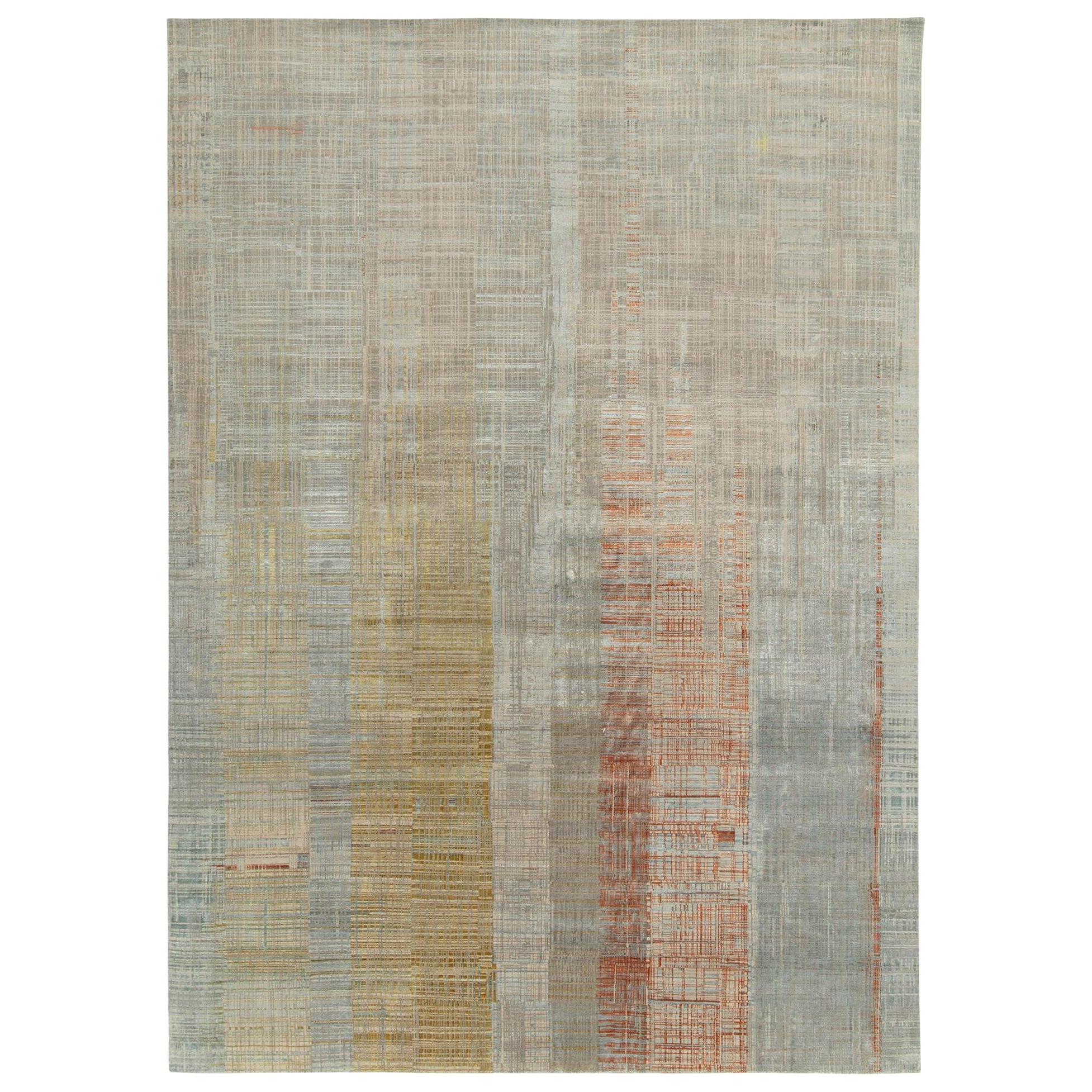 Rug & Kilim’s Modern Rug in a Blue, Gold and Grey Abstract Geometric Pattern For Sale