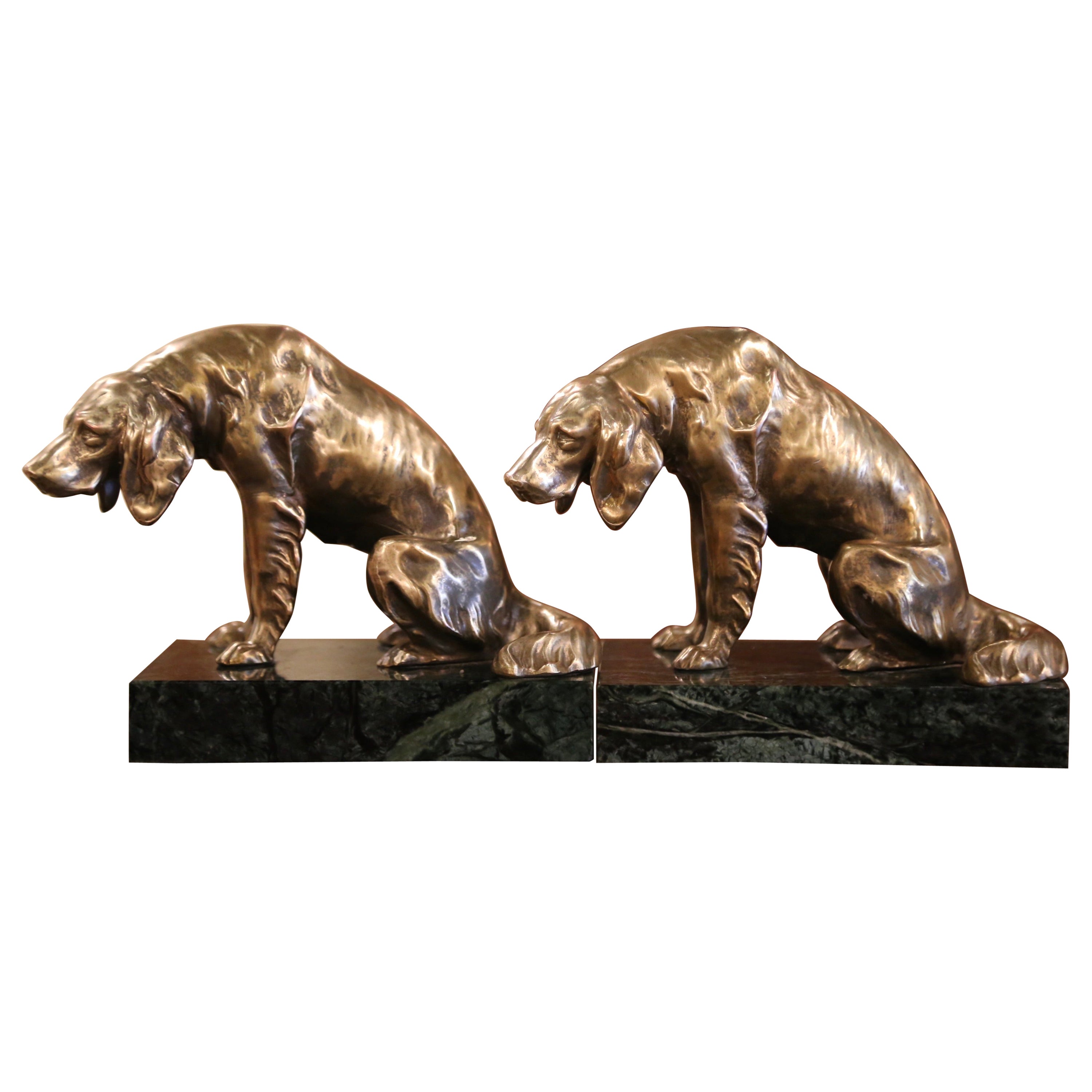 Pair of 19th Century Patinated Bronze and Marble Dog Sculpture Bookends