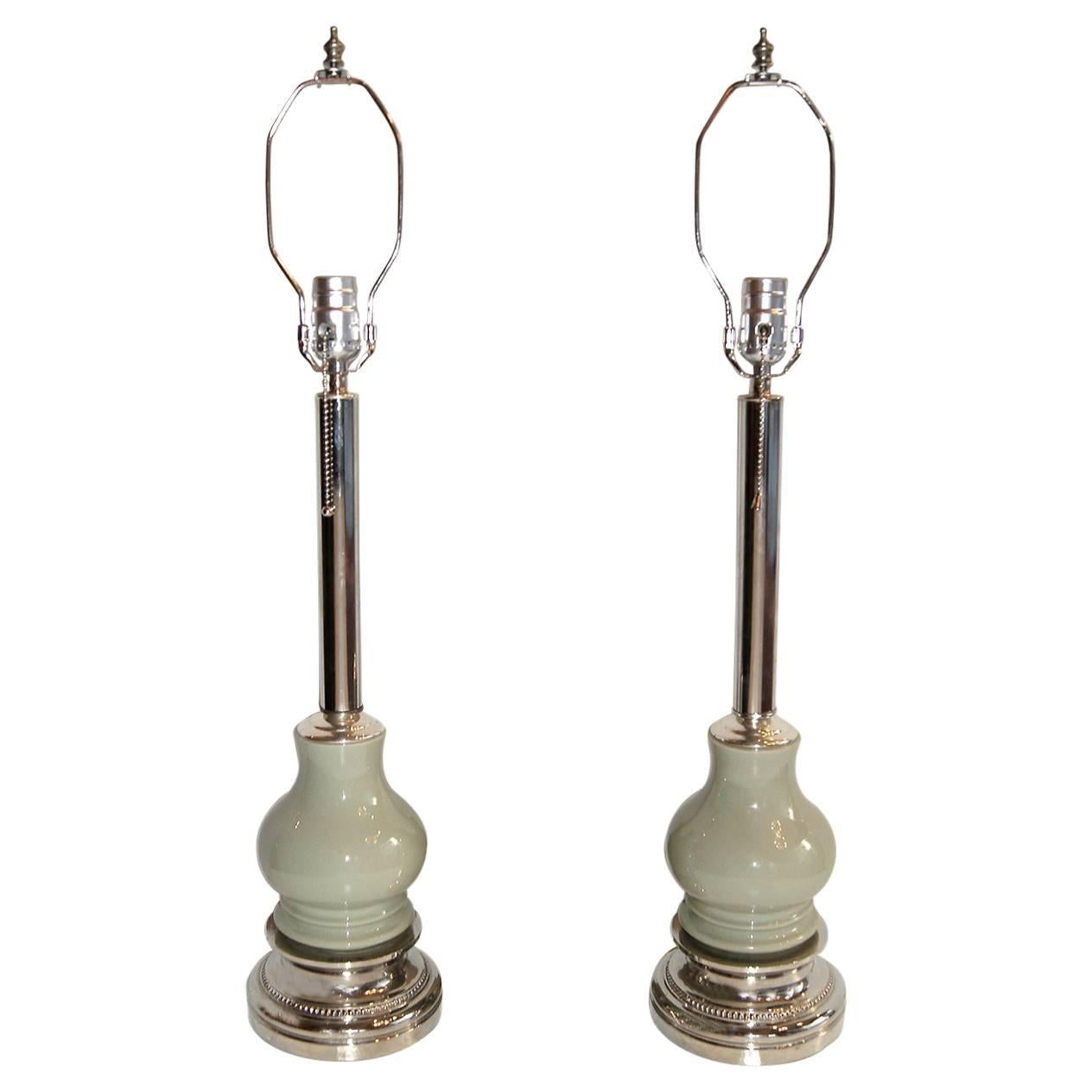 Pair of Silver Plated Celadon Lamps For Sale