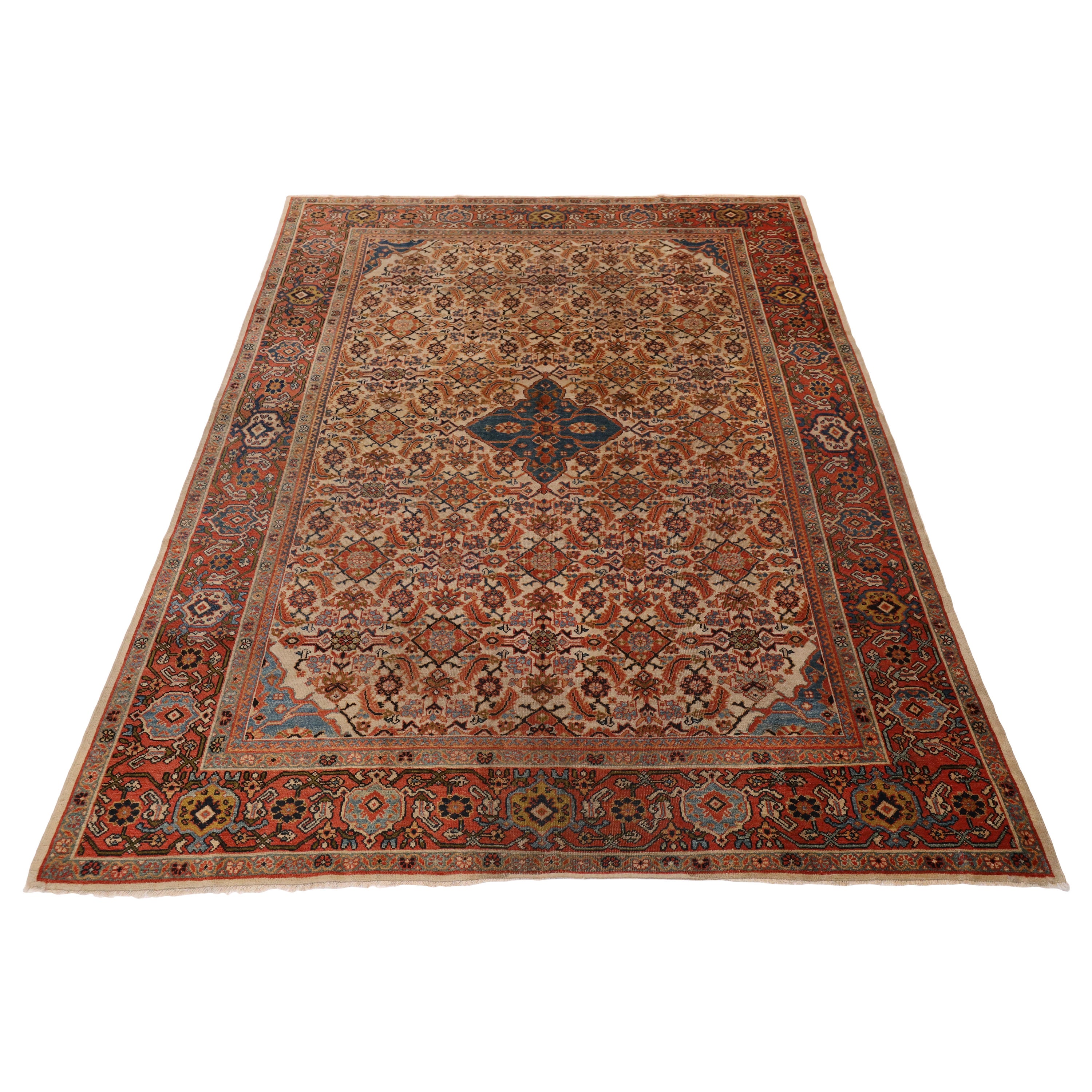 Sultanabad Antique Rug, Ivory Red Blue - 8'11" x 11'4" For Sale