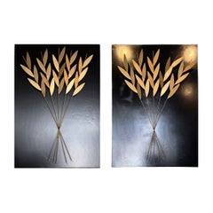 Used Pair of Midcentury Wall Panels in Brass and Olive Branches