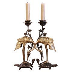 Pair of 19th Century Japanese Bronze Crane and Turtle Candle Holders