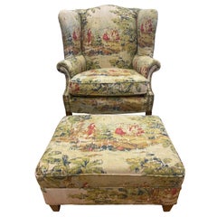 Vintage Custom Newly Upholstered Wingback Chair & Ottoman in French Toile 