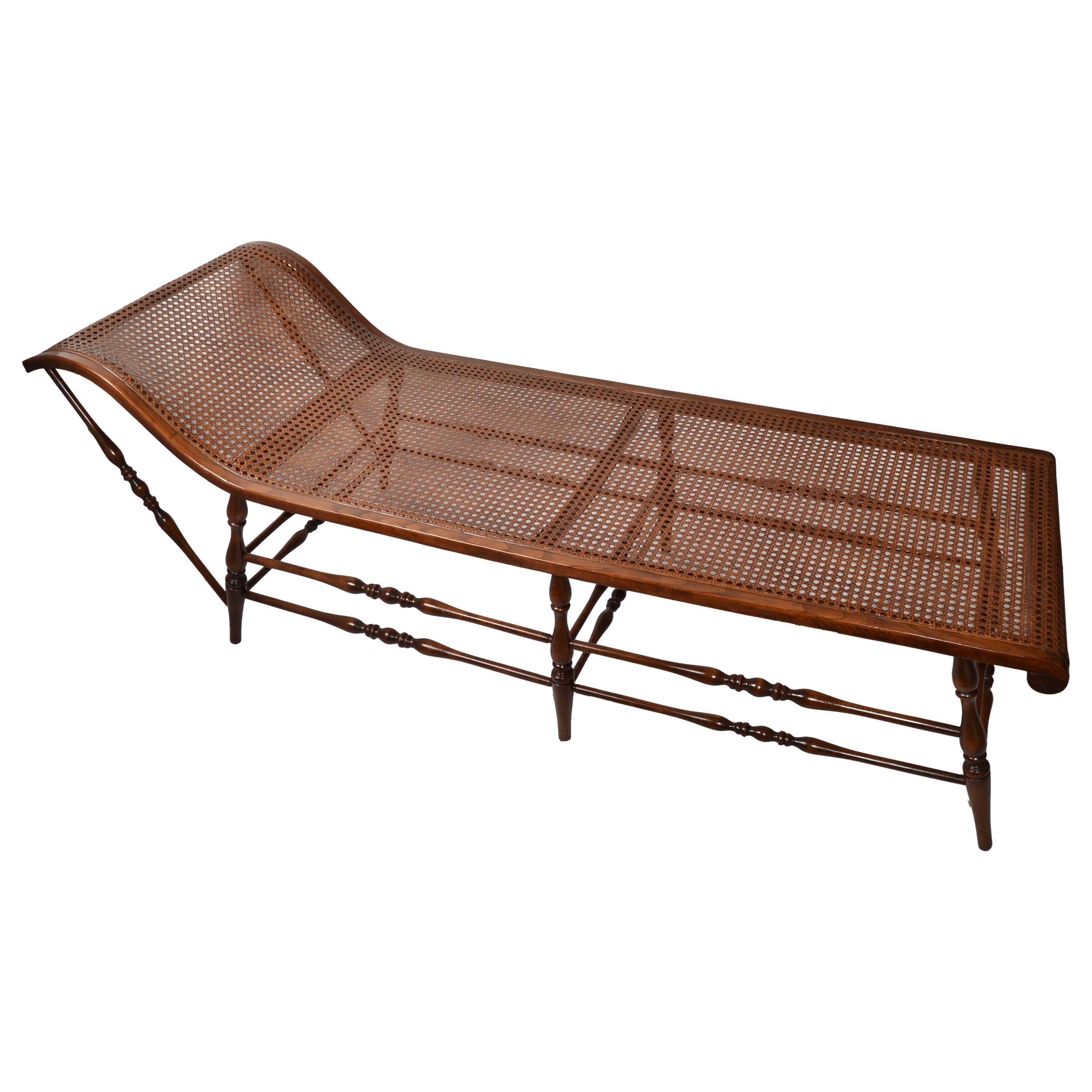 British Colonial Handwoven Cane Turned Wood Spindle Frame Chaise Lounge Daybed For Sale