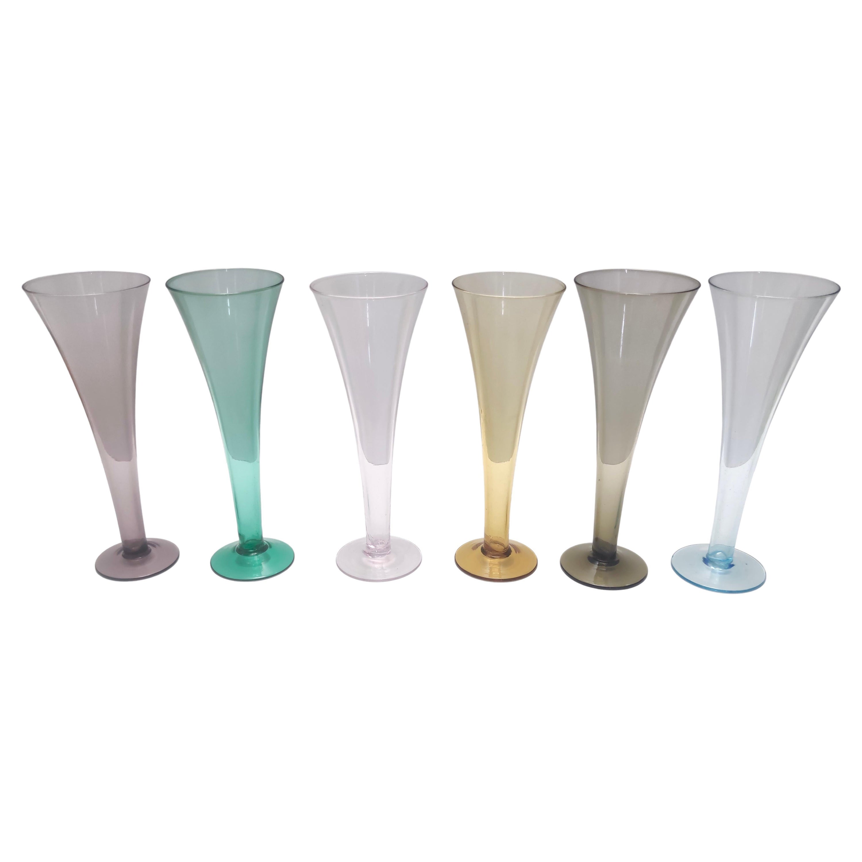 Juego Vintage de Seis Copas de Cristal de Murano Soplado a Mano de Colores, Italia
