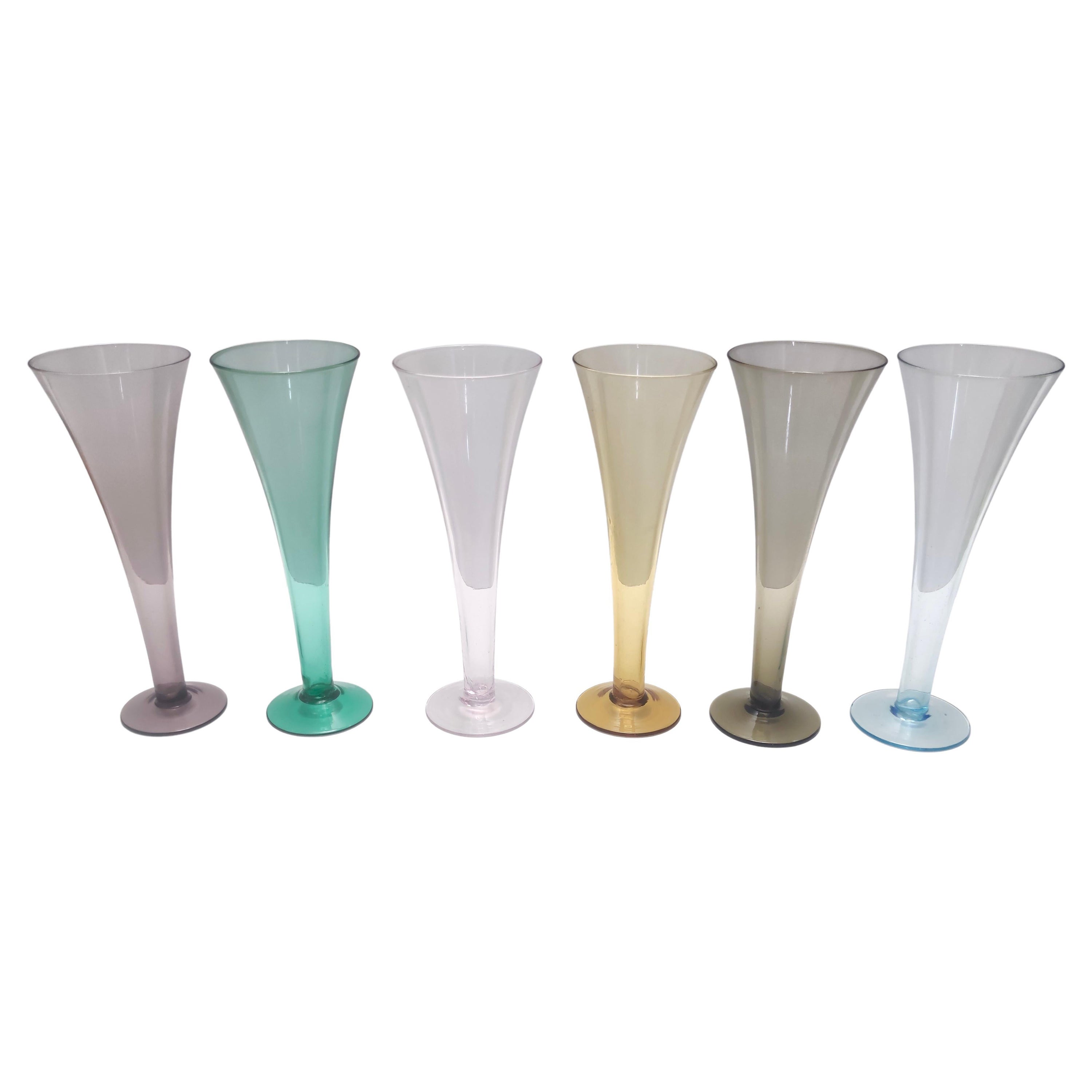 Vintage Set of Six Colored Hand Blown Murano Glass Flutes, Italy For Sale