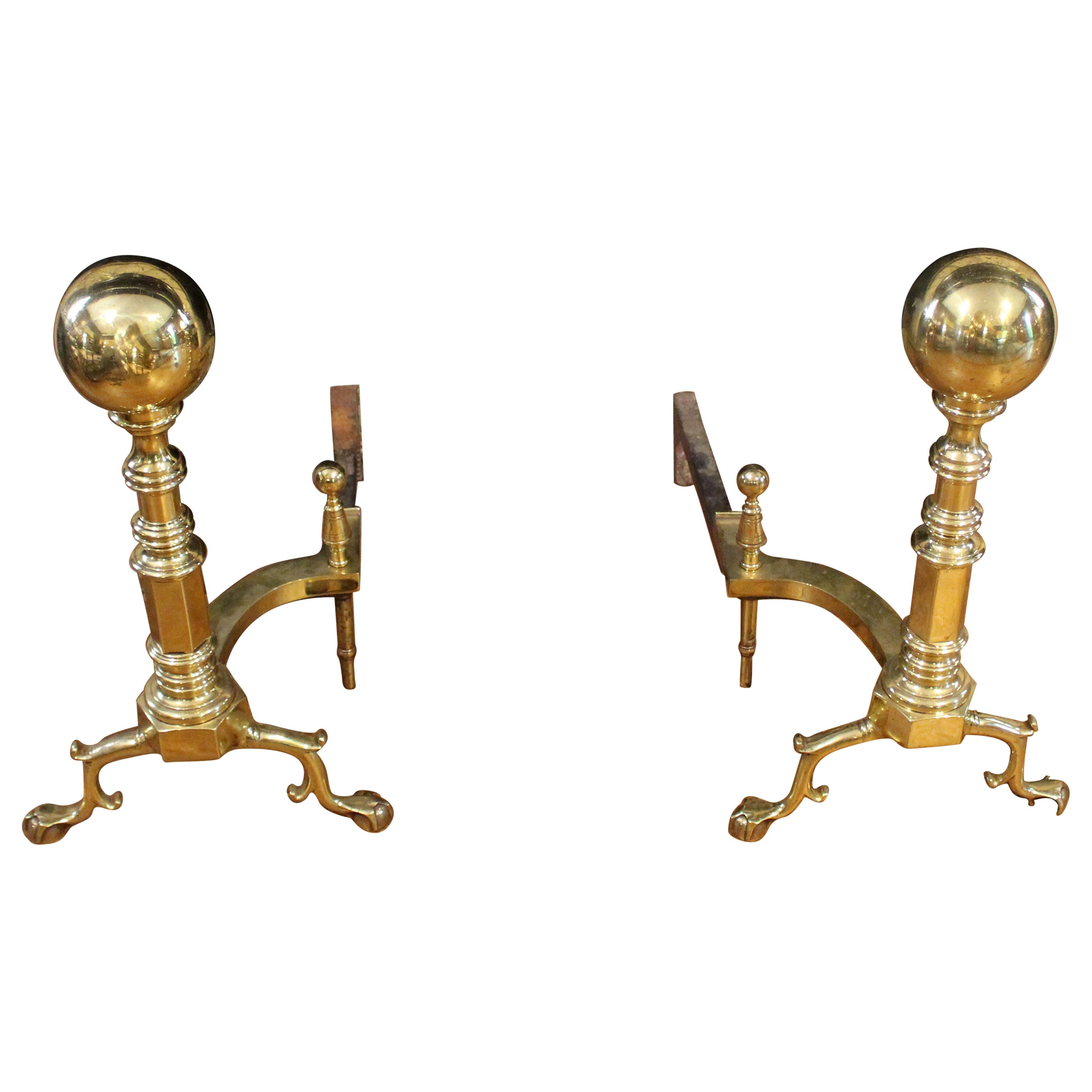 Pair of American Colonial Revival Brass Andirons For Sale