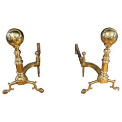 Antique Pair of American Colonial Revival Brass Andirons