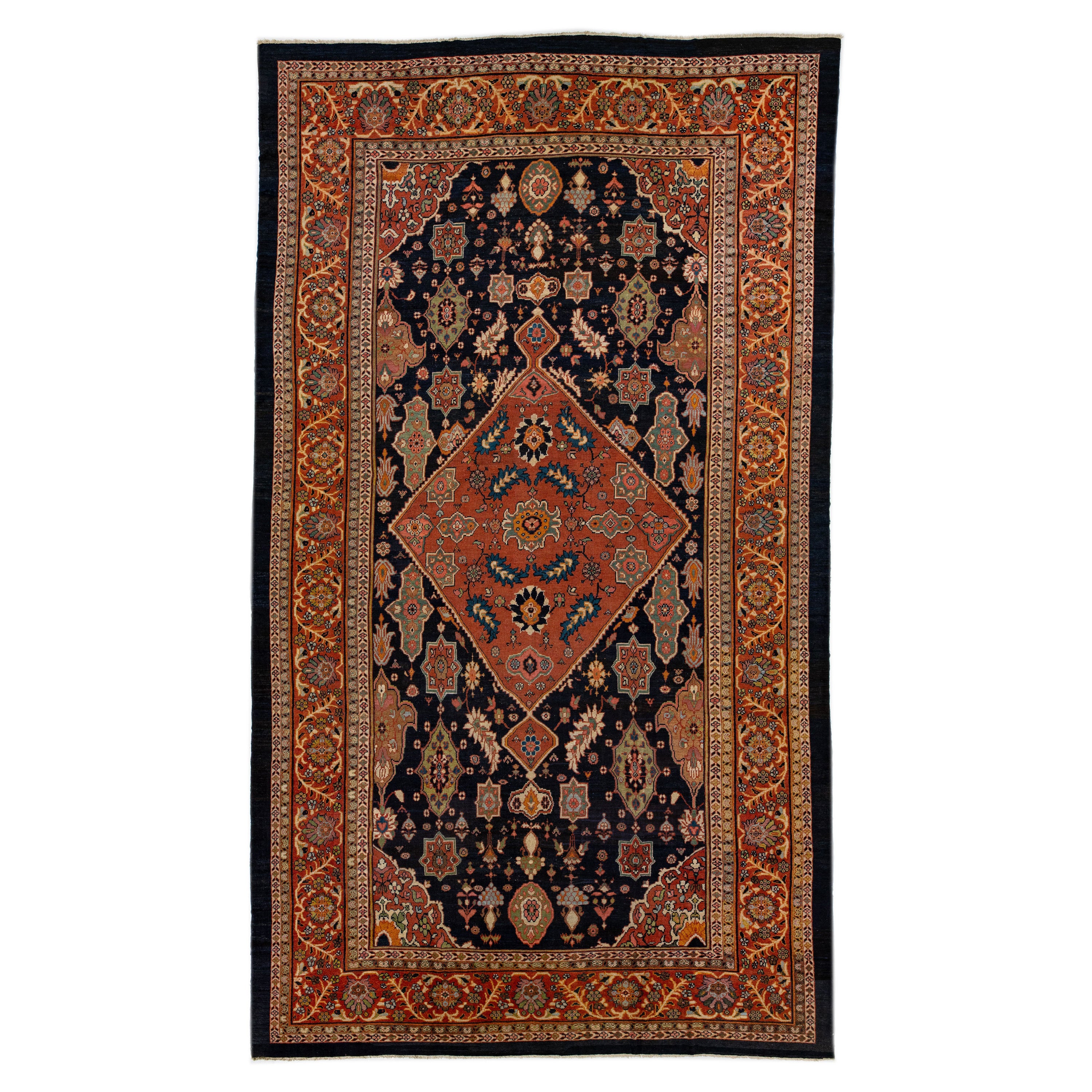 1880s Antique Persian Mahal Wool Rug with Dark Blue Field For Sale