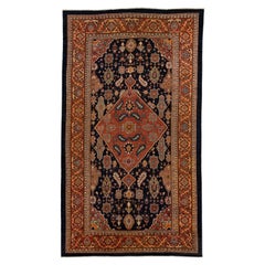 Tapis persan ancien Mahal en laine des années 1880 avec fond bleu foncé