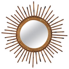 French Sunburst Starburst Mirror in Rattan, 1960s 