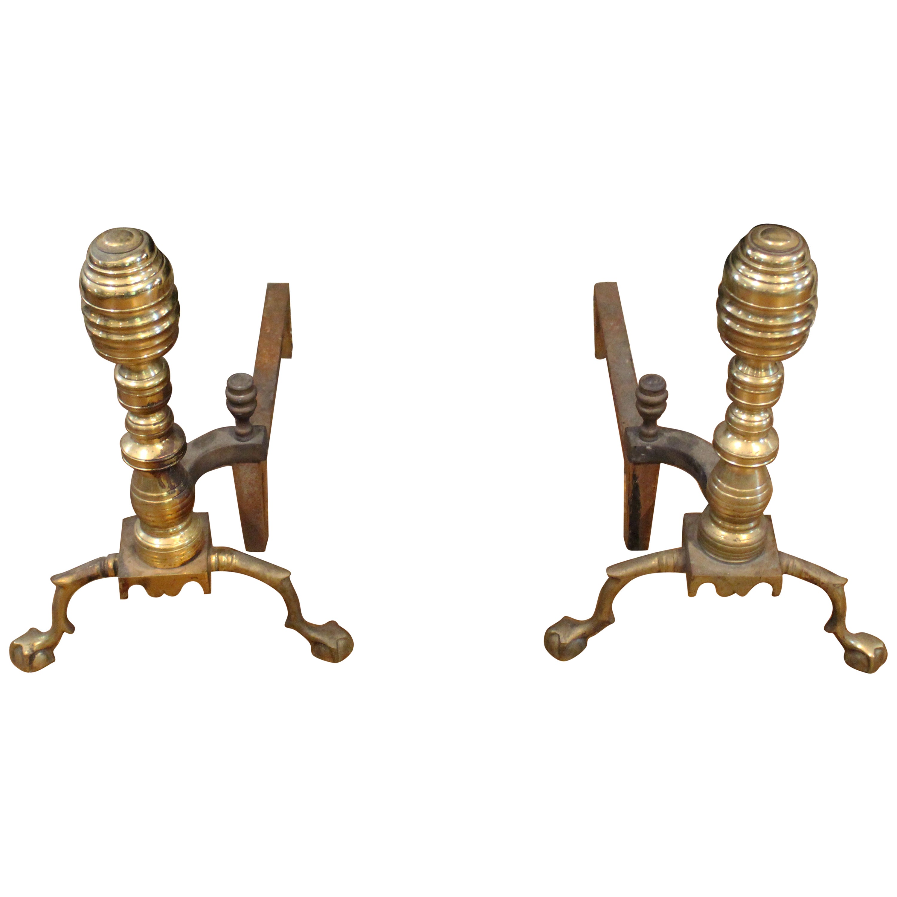 Pair of Mid-20th Brass Andirons in 18th Century Style For Sale