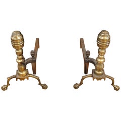 Vintage Pair of Mid-20th Brass Andirons in 18th Century Style
