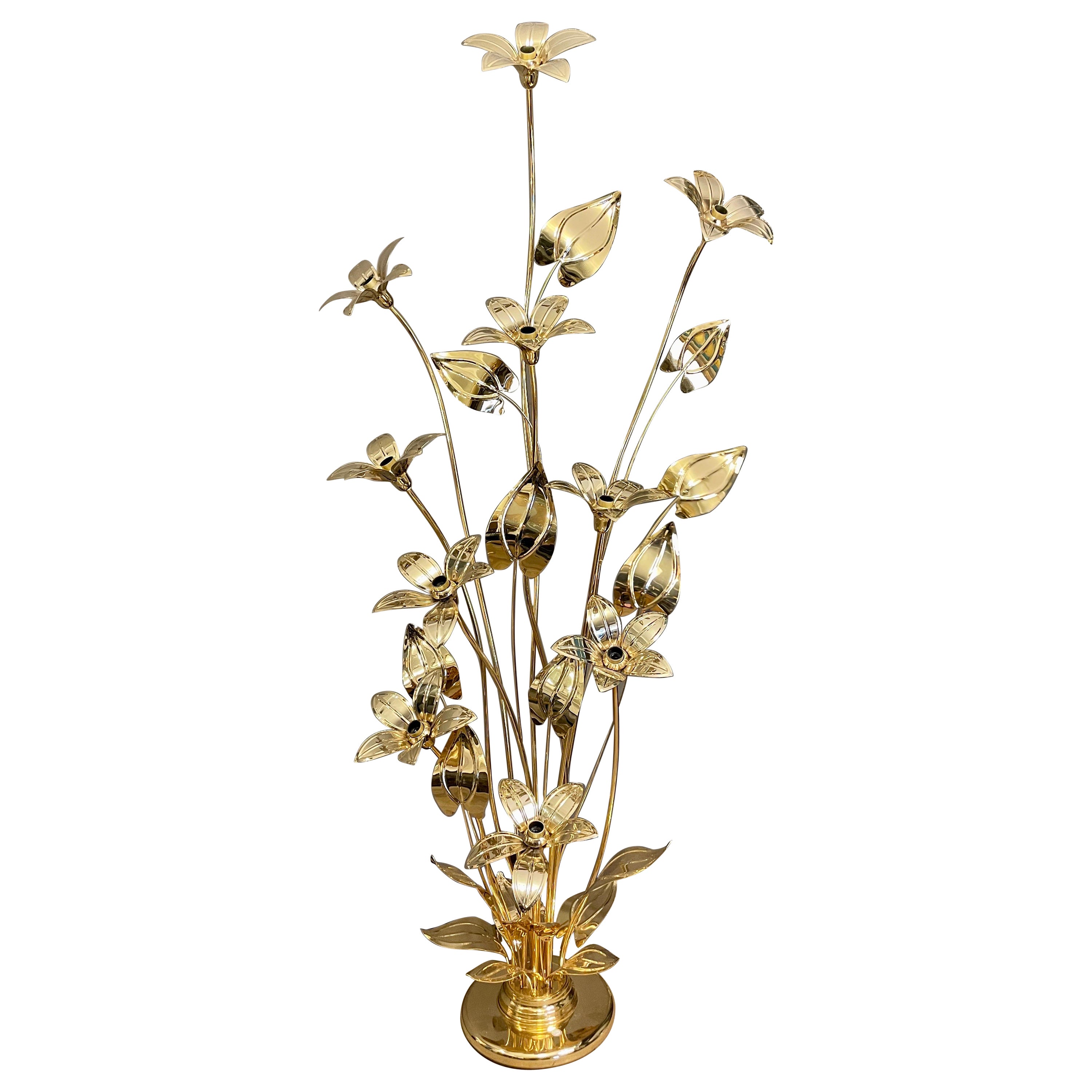 Tall Flower Brass Lacquered Floor Lamp For Sale