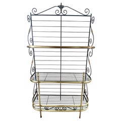 Vintage Hollywood Regency Baker's Rack or Shelf, Three-Tier Wrought Iron and Brass