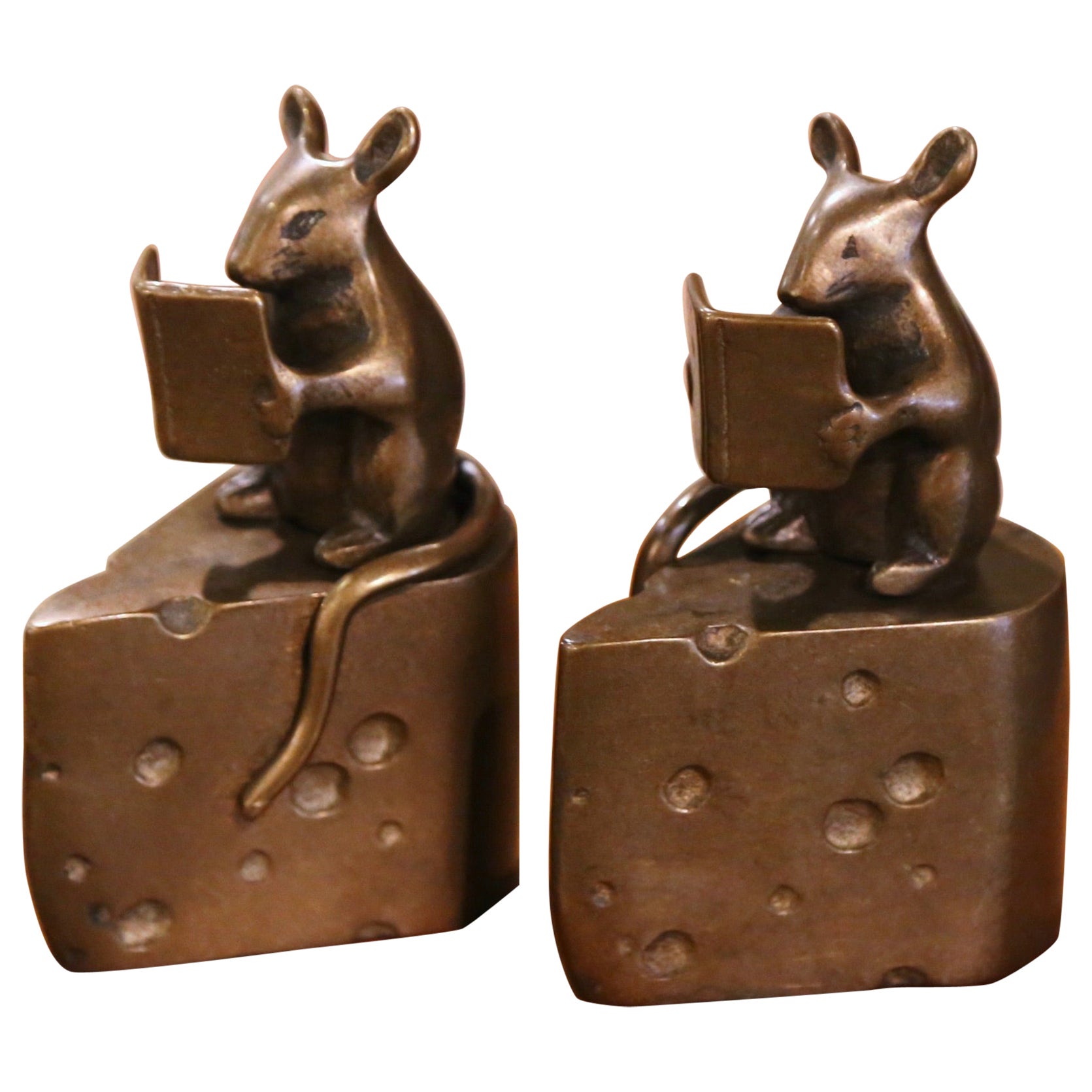 Vintage Pair of Bronze Mouse Reading on Cheese Wedge Bookend Paper Weights