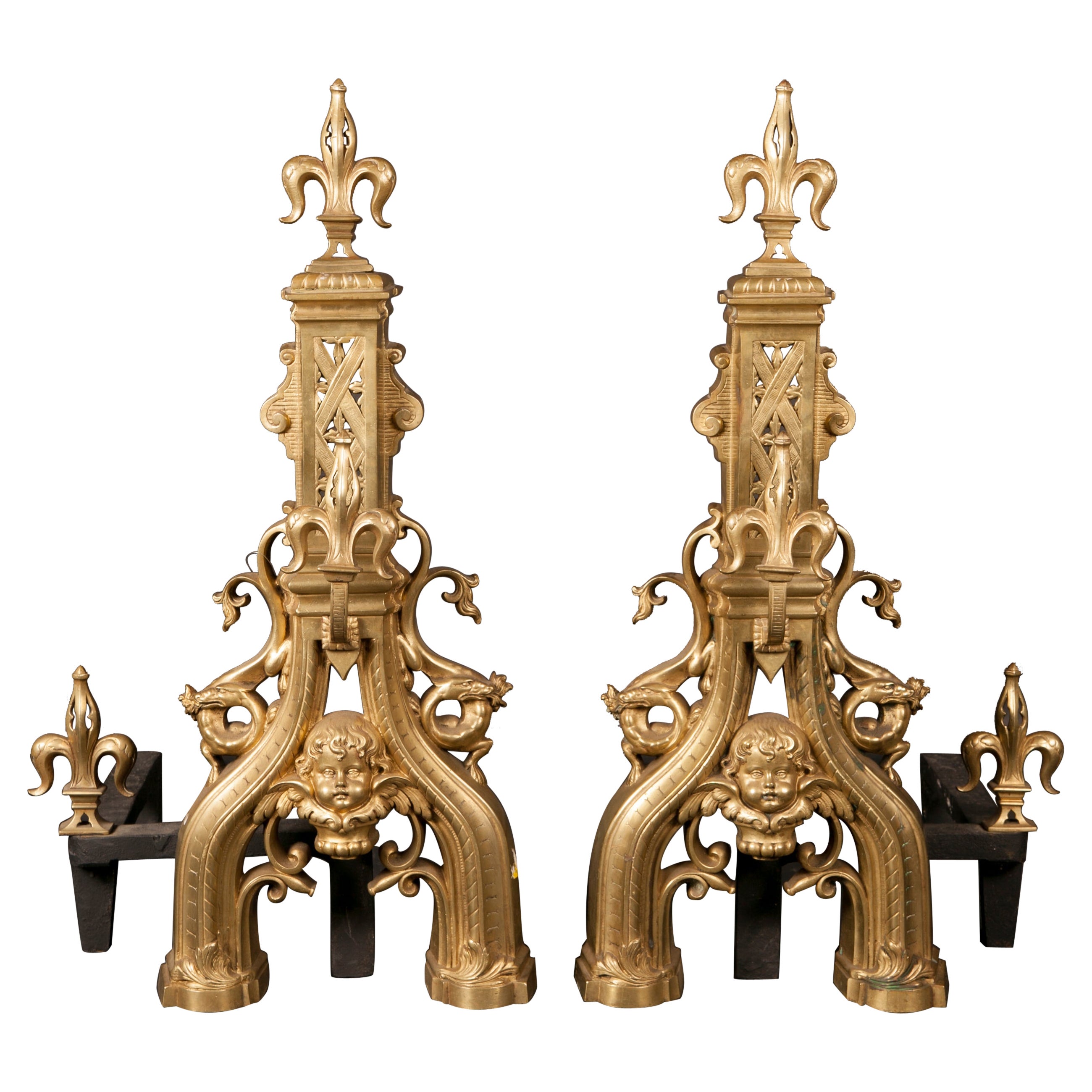 Pair of 18th Century Louis XVI Bronze Chenets with Fleur De Lis, Putti, and Drag For Sale