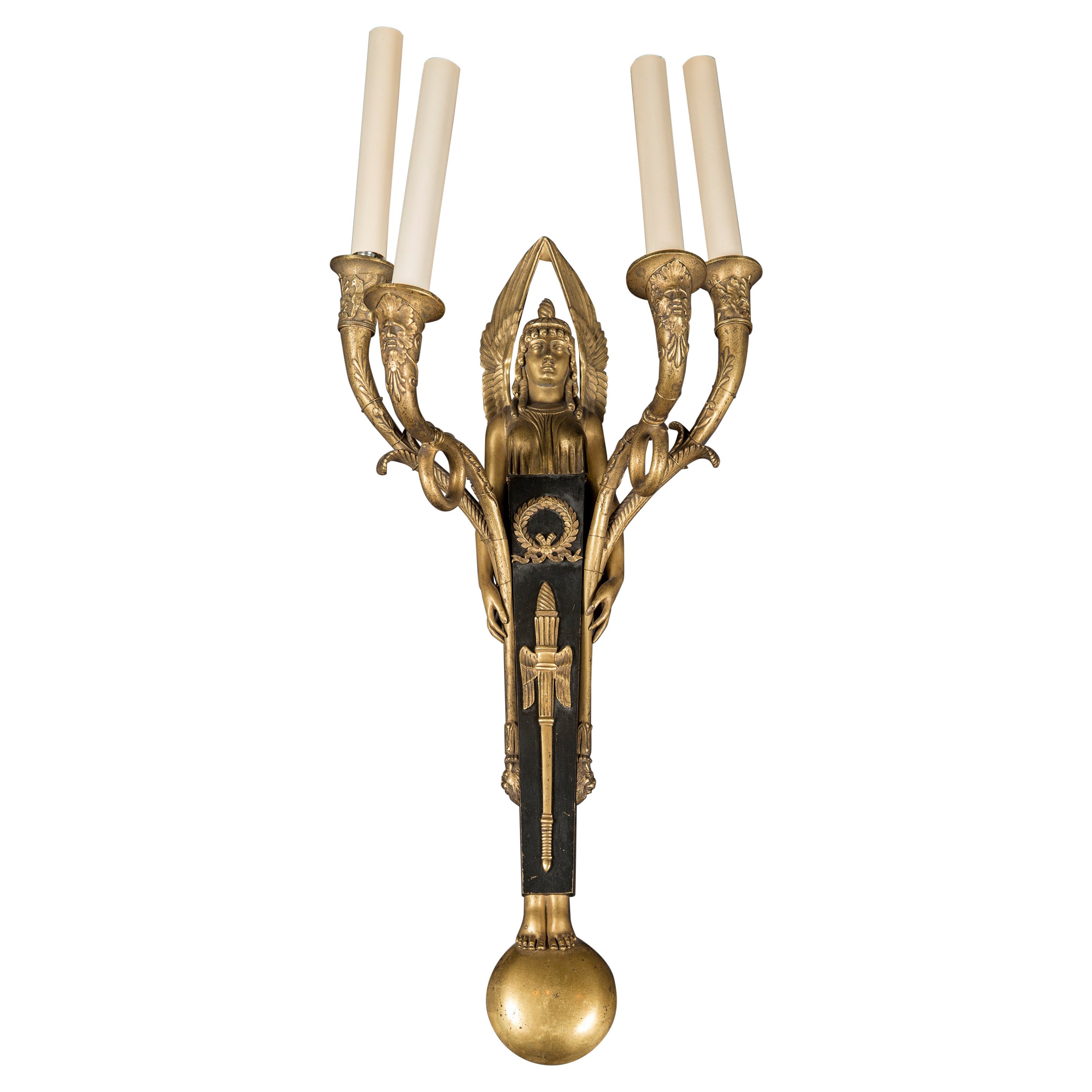 Large Pair of Empire Sconces, circa 1860, with Heavy Egyptian Influences For Sale