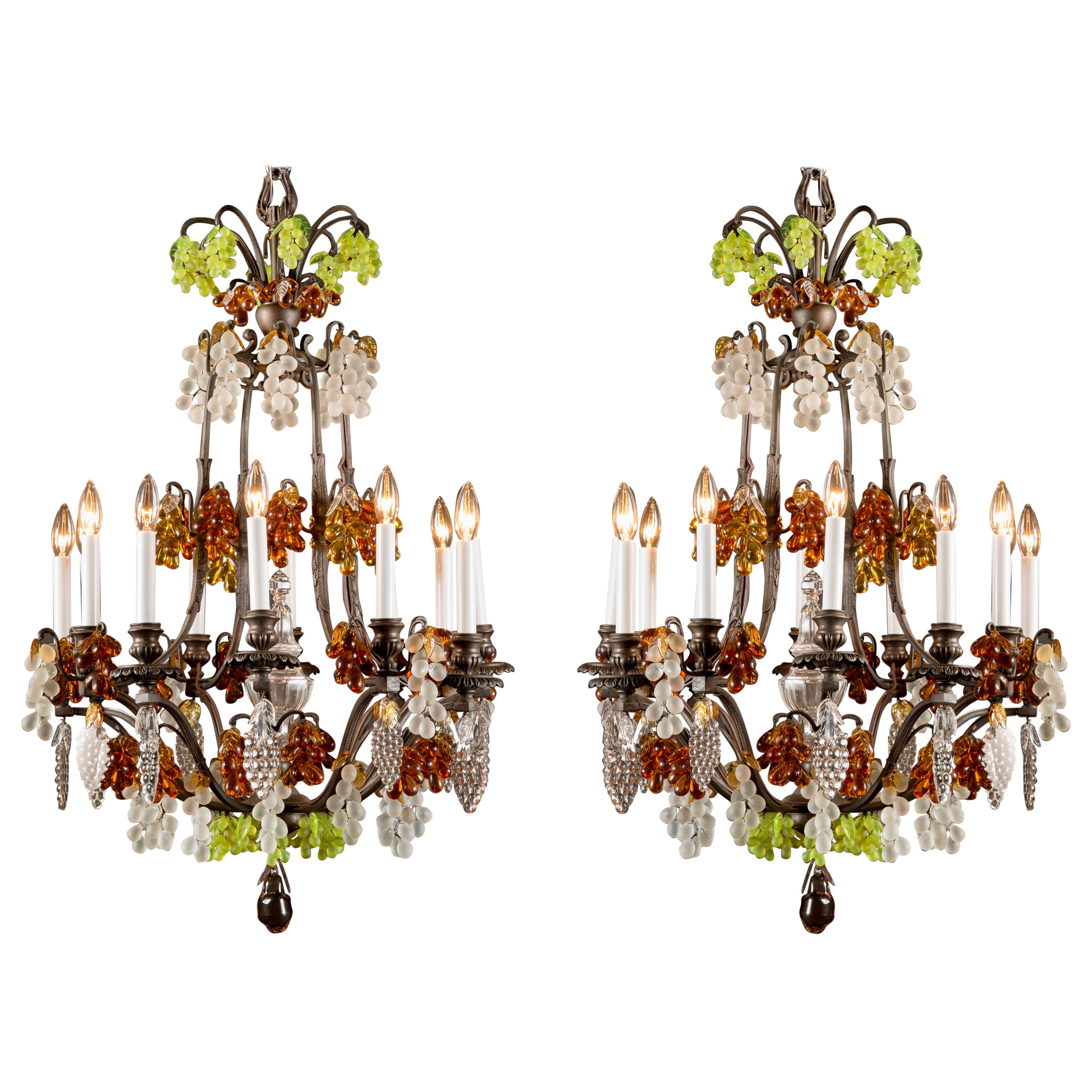 Pair of French Louis XV Patinated Bronze & Crystal Chandeliers, 19th Century