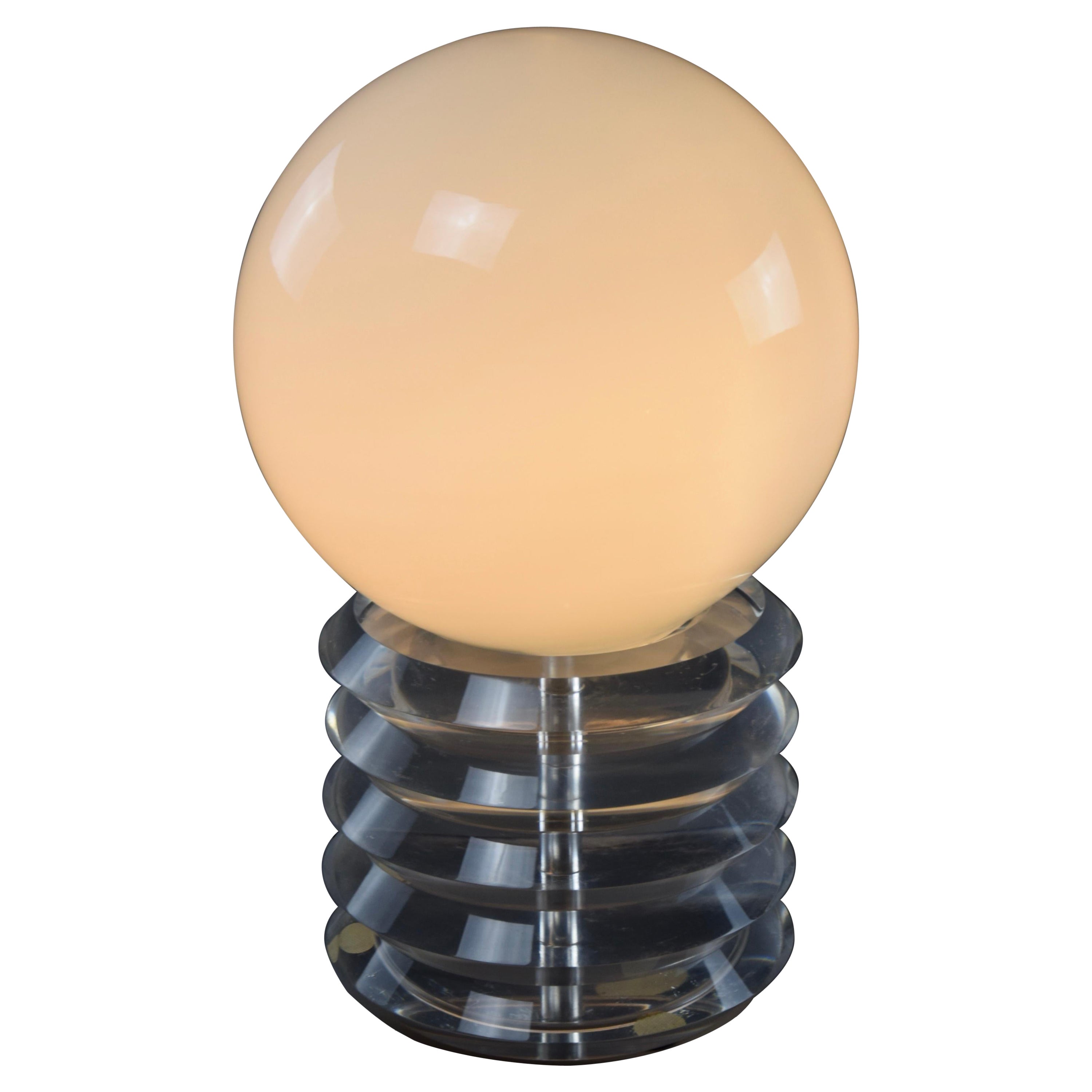 Space Age White Opal Glass Sphere and Plexiglas Table Lamp For Sale