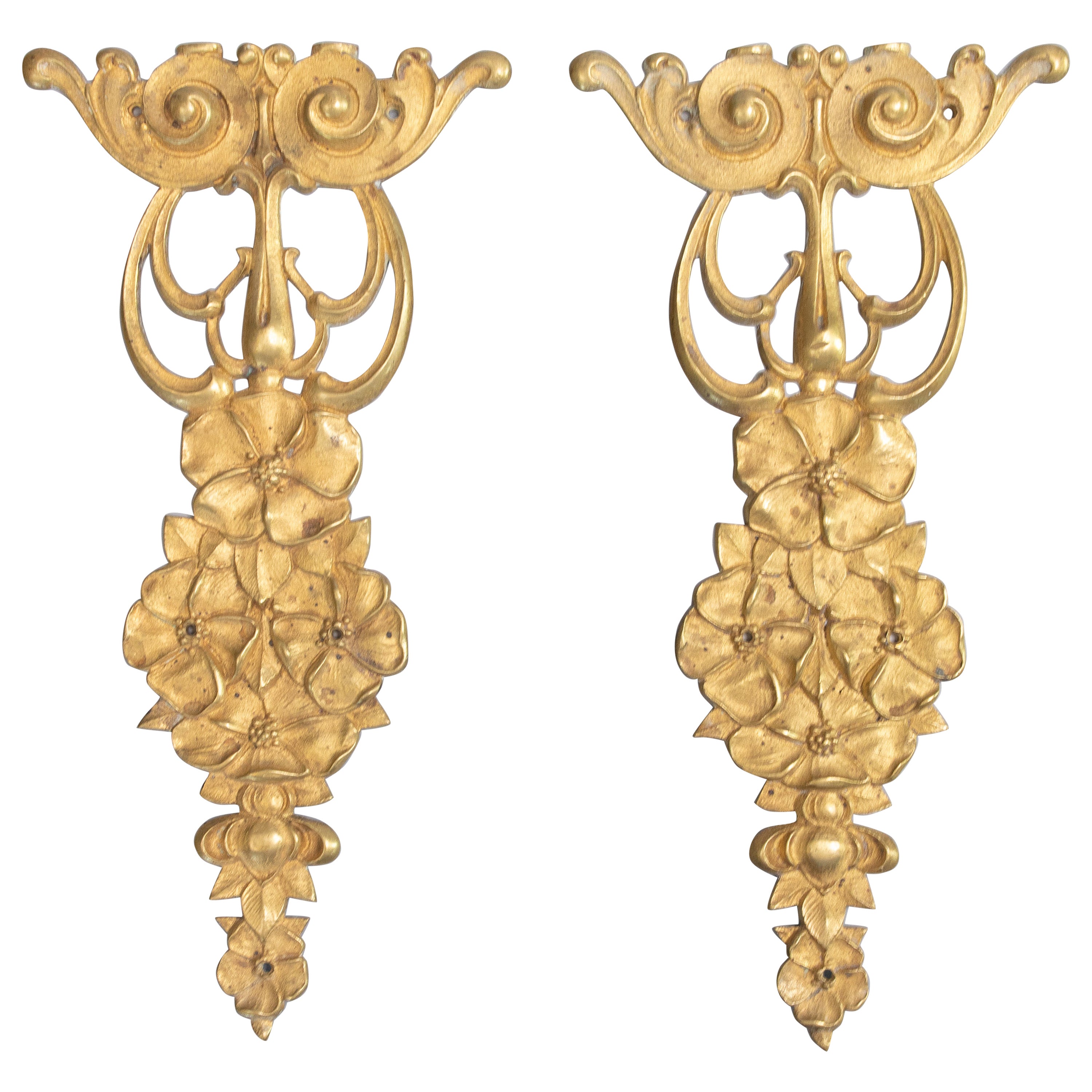Pair of Antique French Gilt Bronze Floral Wall Swags Garland Appliqués