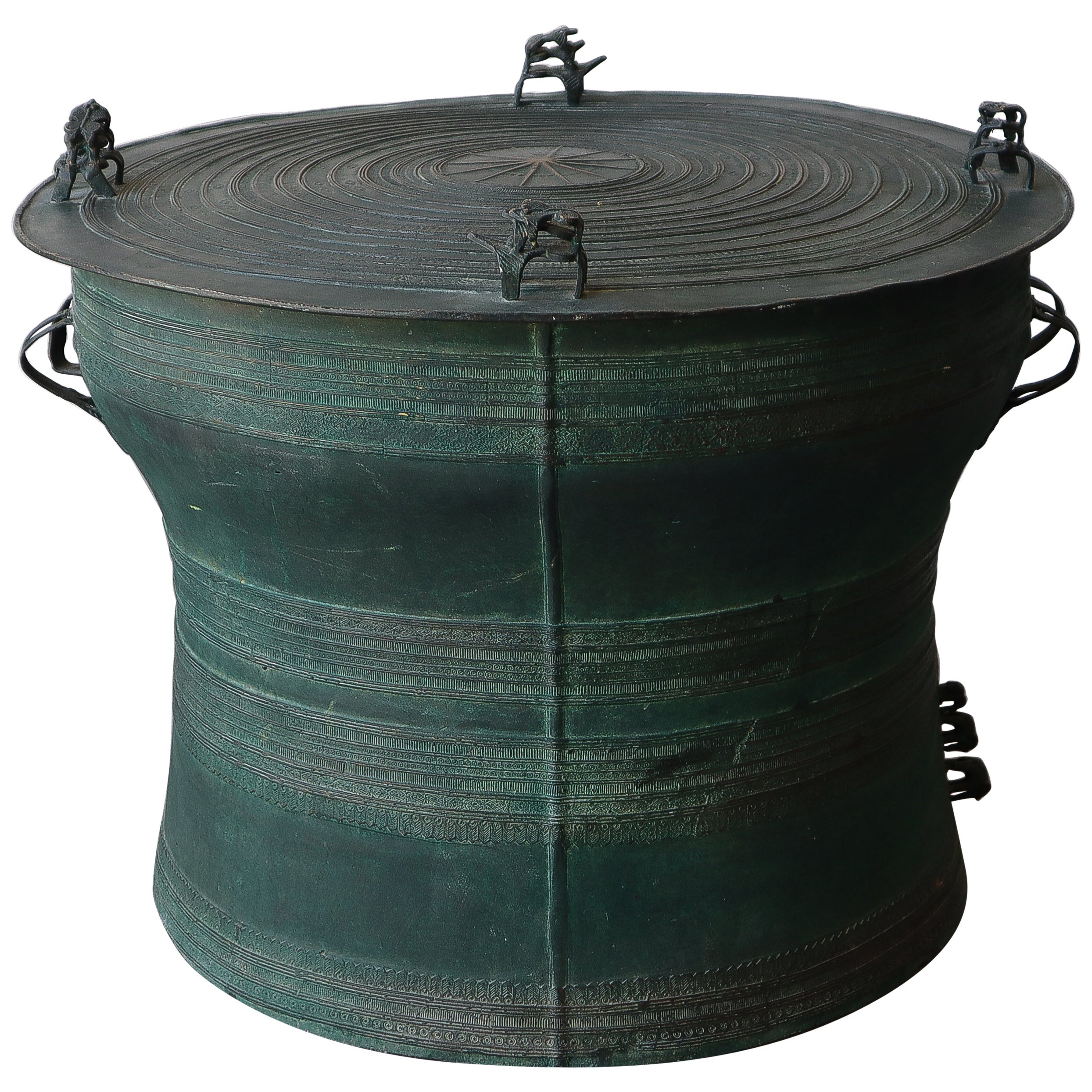 Vintage Verdigris Bronze Asian Rain Drum Side Table