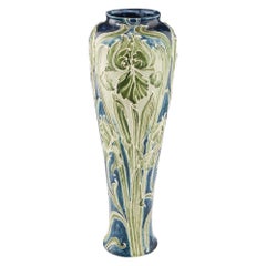 Antique Tall James Macintyre Pottery Florian Ware Irises Vase by William Moorcoft, c1900