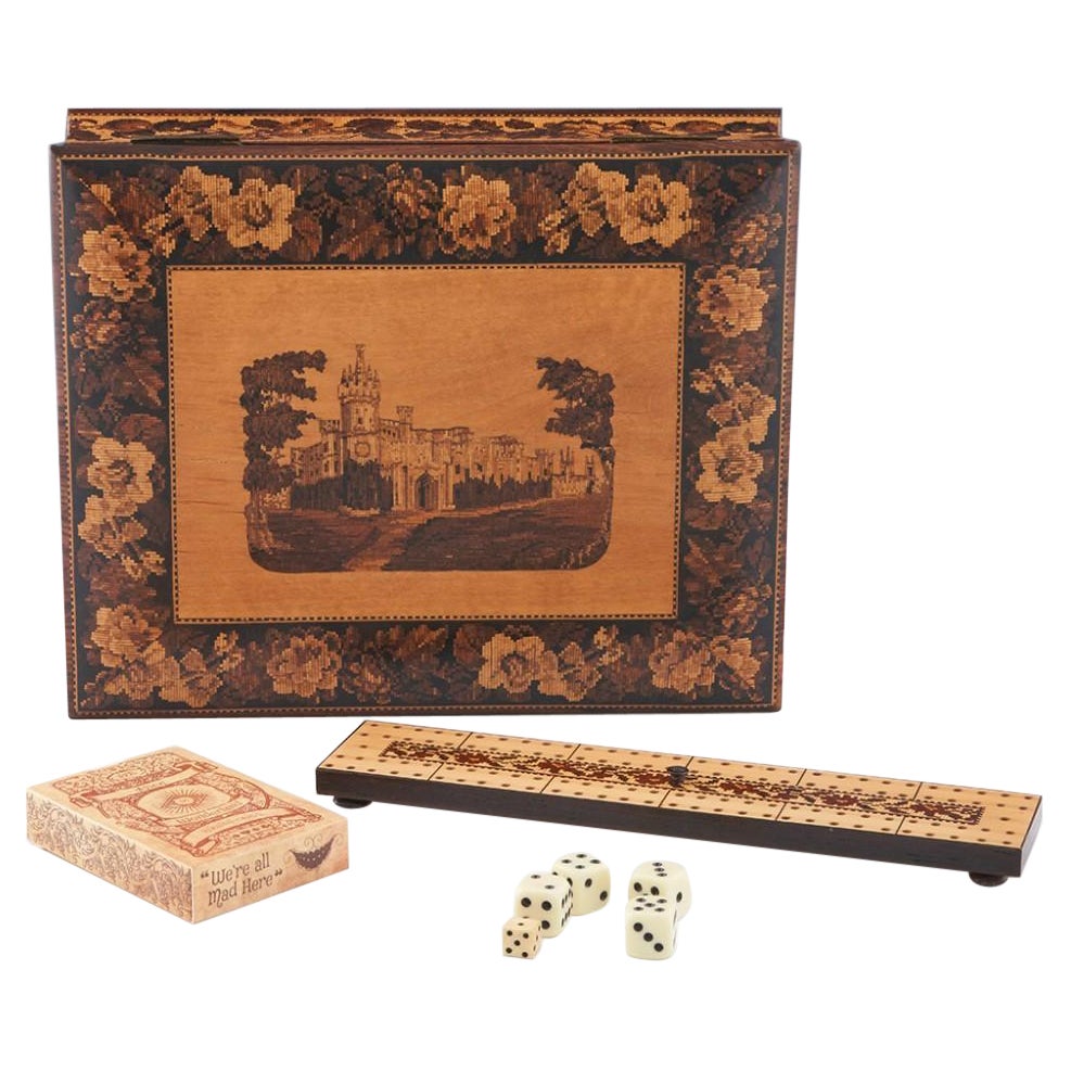 Ein Tunbridge Ware Spielkästchen mit eingelegtem Intarsienbild des Schlosses von Eridge, um 1870 im Angebot