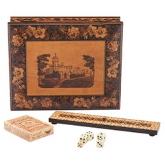 Used A Tunbridge Ware Games Box with Inlaid Marquetry Image of Eridge Castle, c1870